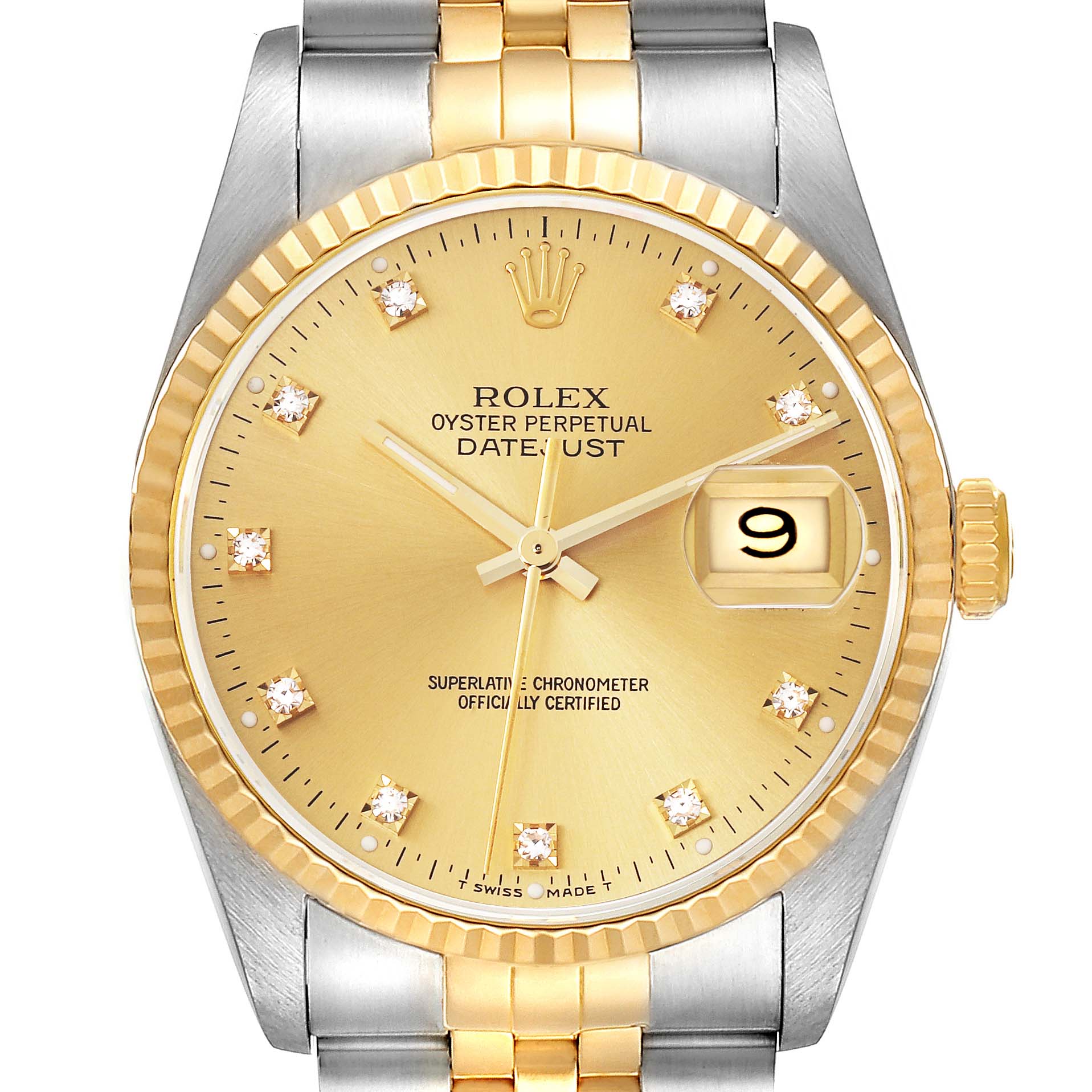 The Rolex Datejust 16233 Men's Steel and Gold (two tone) Champagne Dial 16233 Men's Steel and Gold (two tone) Champagne Dial watch is shown from the front, highlighting the dial, bezel, crown, and part of the bracelet.