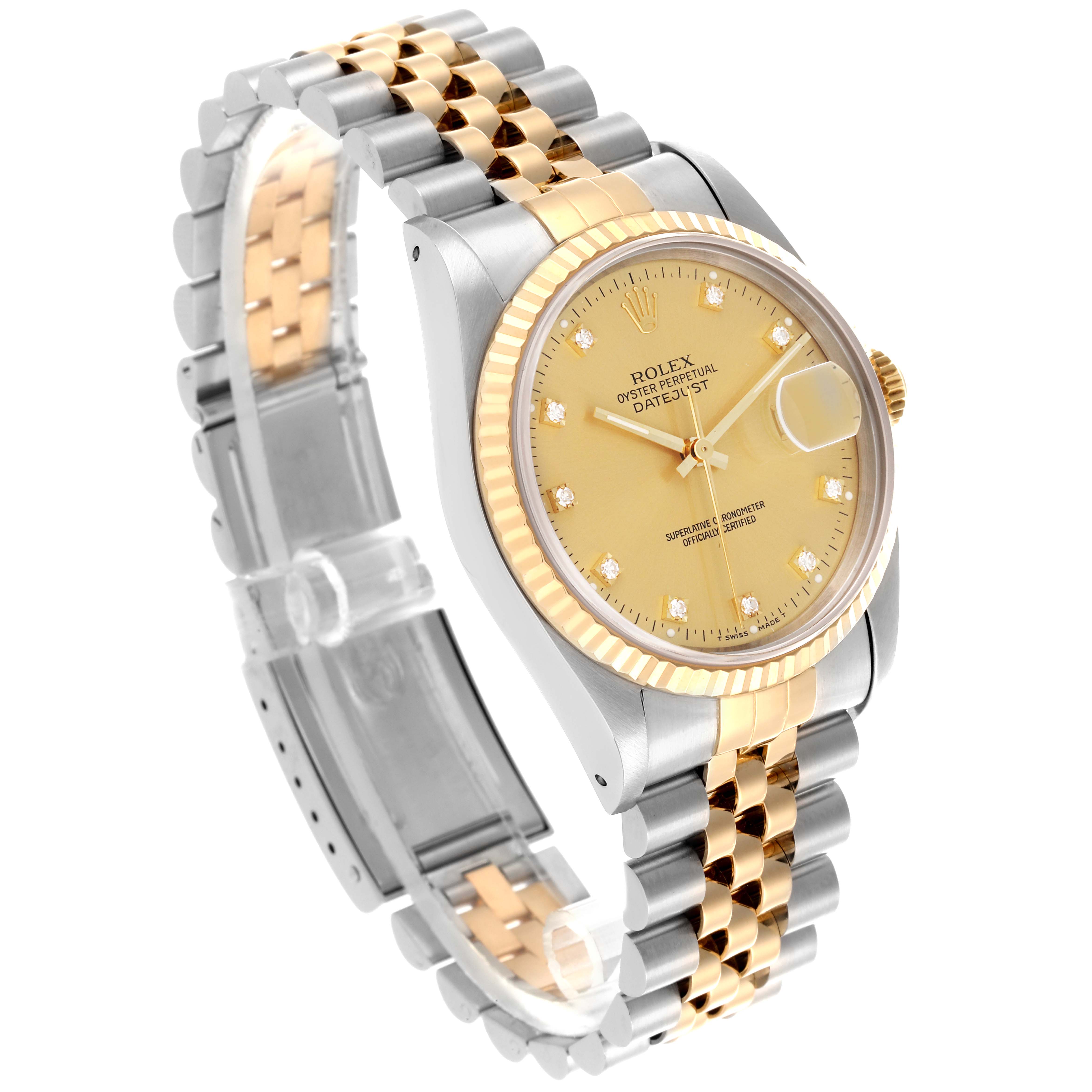 The Rolex Datejust 16233 Men's Steel and Gold (two tone) Champagne Dial 16233 Men's Steel and Gold (two tone) Champagne Dial watch is shown at a slight angle, displaying the face, bezel, and Jubilee bracelet.