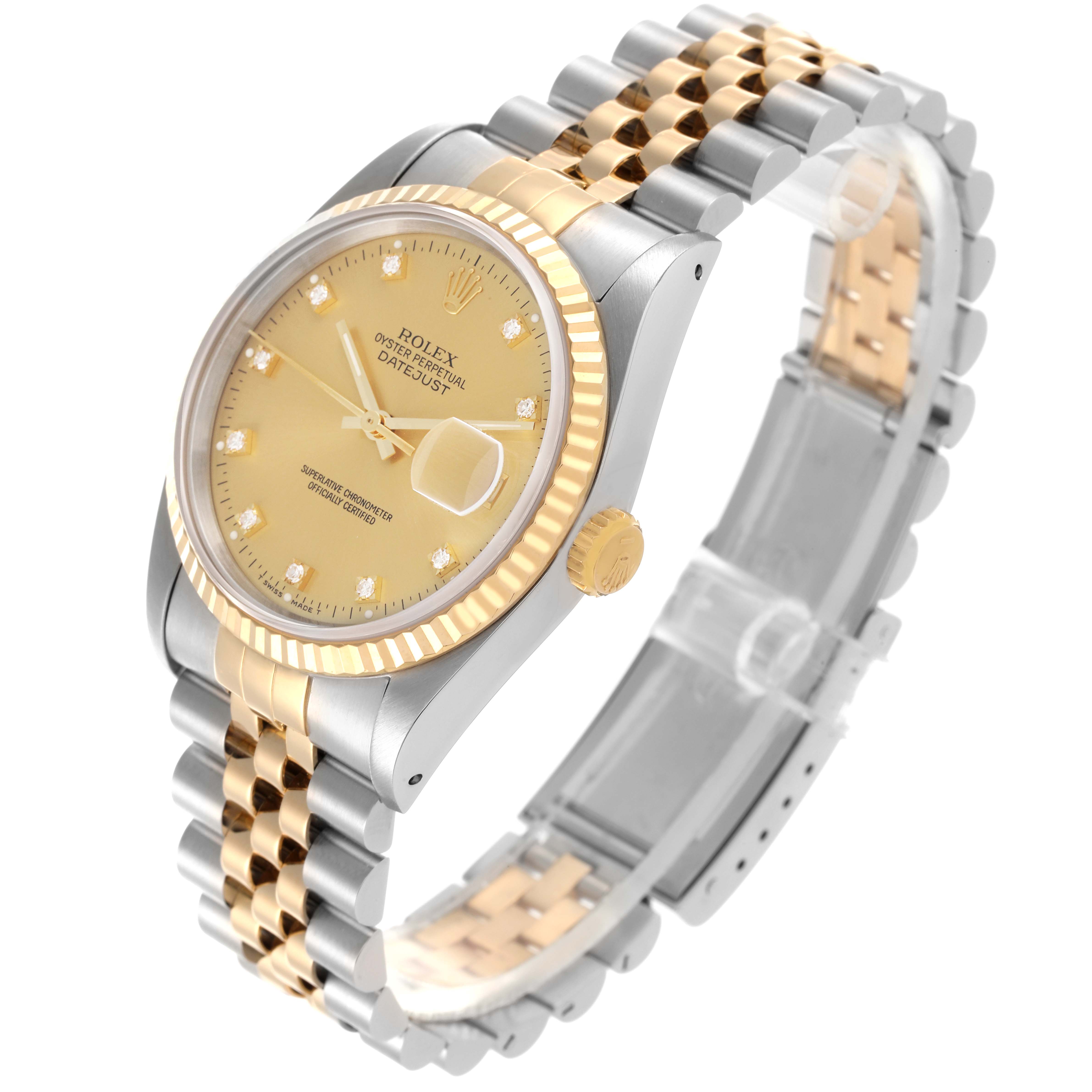 The Rolex Datejust 16233 Men's Steel and Gold (two tone) Champagne Dial 16233 Men's Steel and Gold (two tone) Champagne Dial watch is shown at a three-quarter angle, highlighting the face, bezel, crown, and jubilee bracelet.