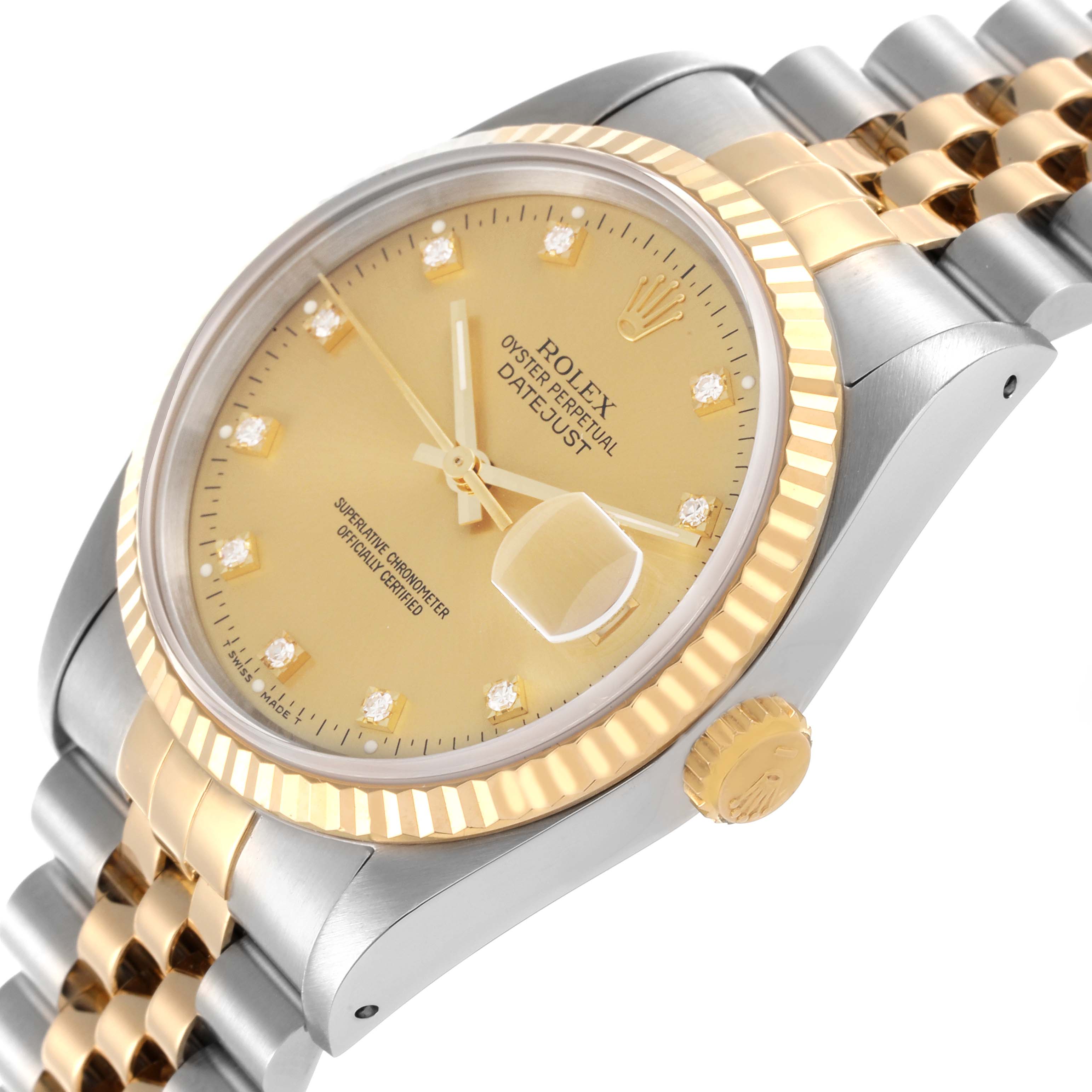 The Rolex Datejust 16233 Men's Steel and Gold (two tone) Champagne Dial 16233 Men's Steel and Gold (two tone) Champagne Dial watch is shown from a side angle, highlighting the dial, bezel, crown, and bracelet.
