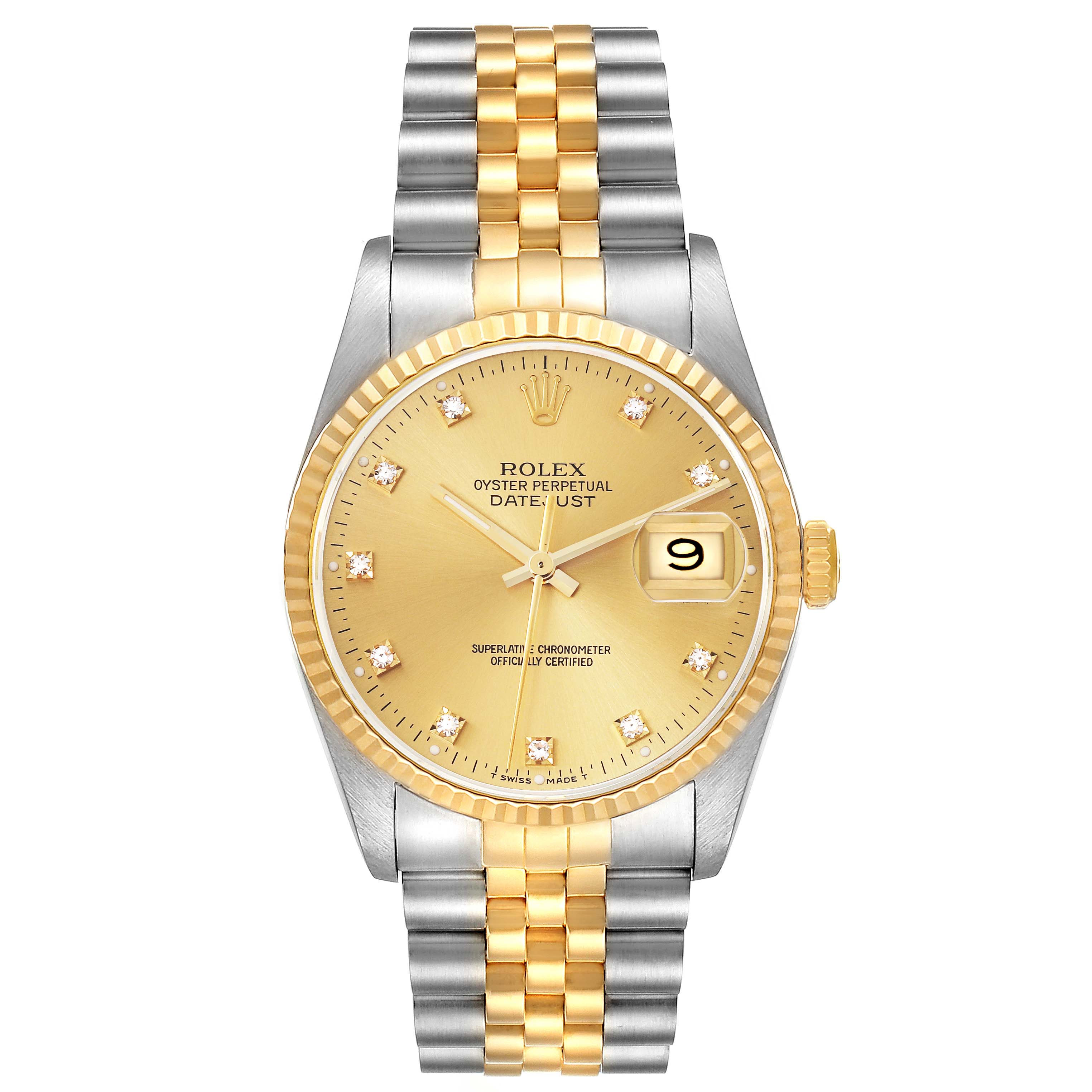 The Rolex Datejust 16233 Men's Steel and Gold (two tone) Champagne Dial 16233 Men's Steel and Gold (two tone) Champagne Dial is shown from a top-down angle, highlighting its gold and silver bracelet, bezel, and dial with a date window.