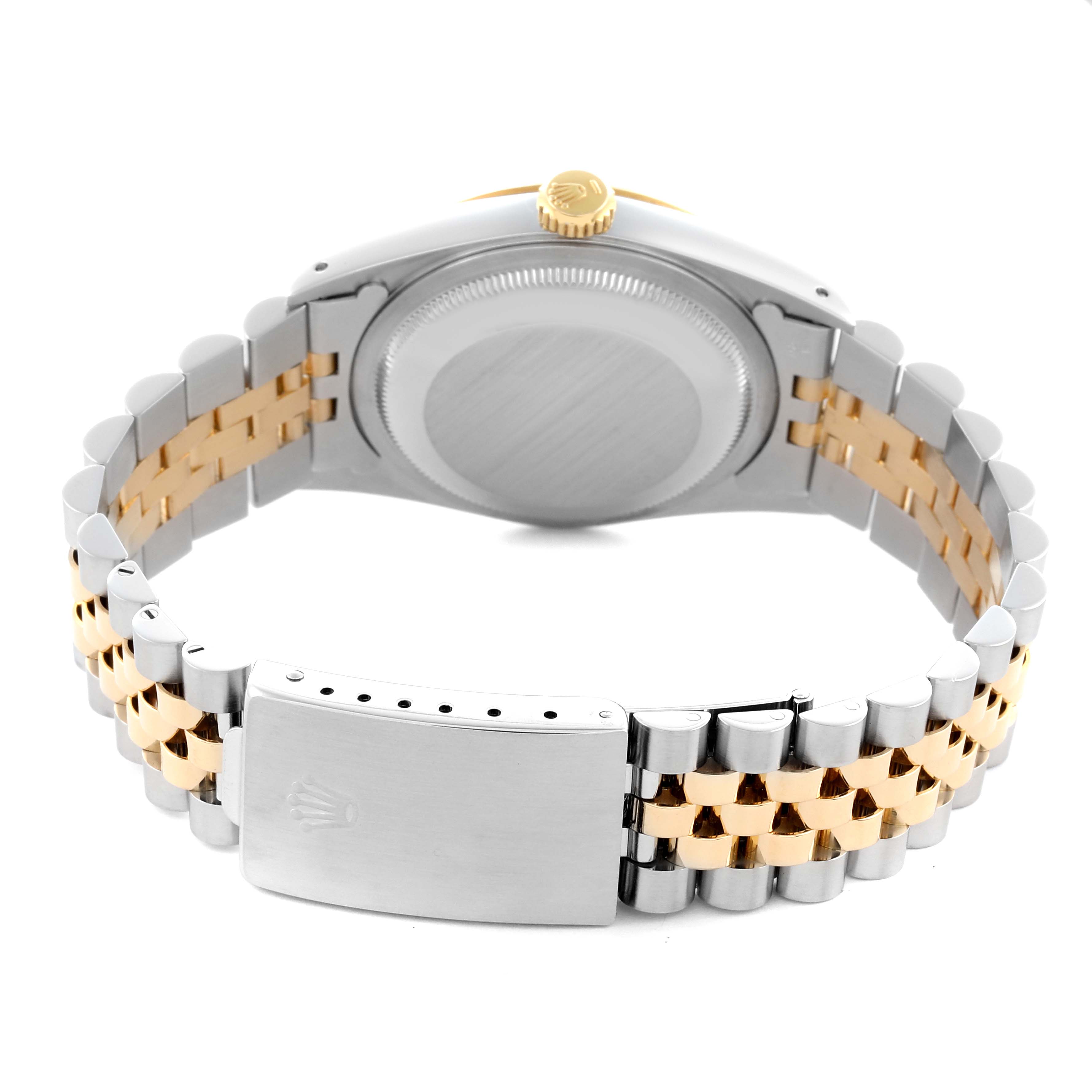 The Rolex Datejust 16233 Men's Steel and Gold (two tone) Champagne Dial 16233 Men's Steel and Gold (two tone) Champagne Dial watch is shown from the rear, displaying its case back and two-tone Jubilee bracelet.