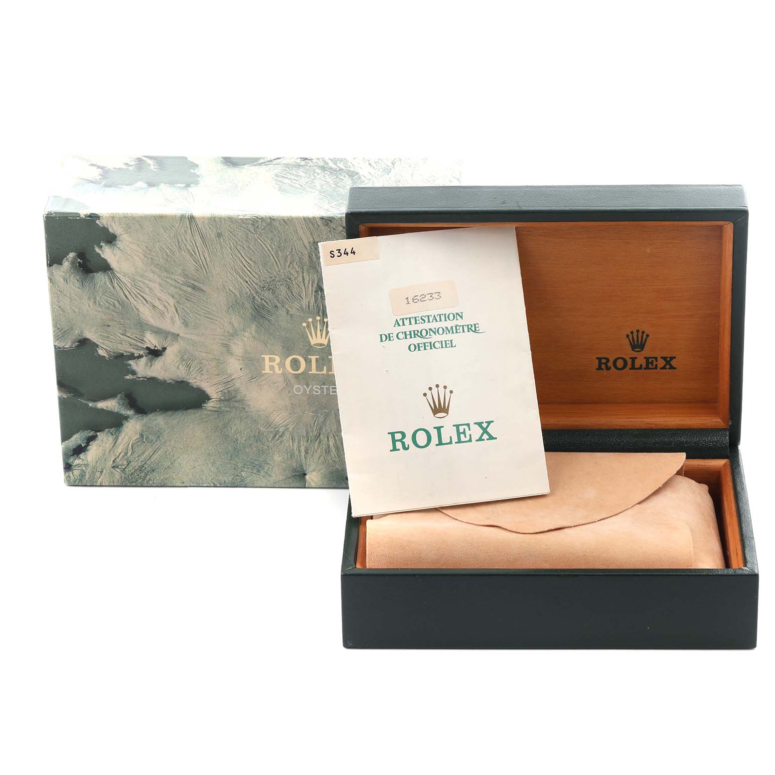 The image shows packaging and documents for a Rolex Datejust 16233 Men's Steel and Gold (two tone) Champagne Dial 16233 Men's Steel and Gold (two tone) Champagne Dial, including a box and certificate.