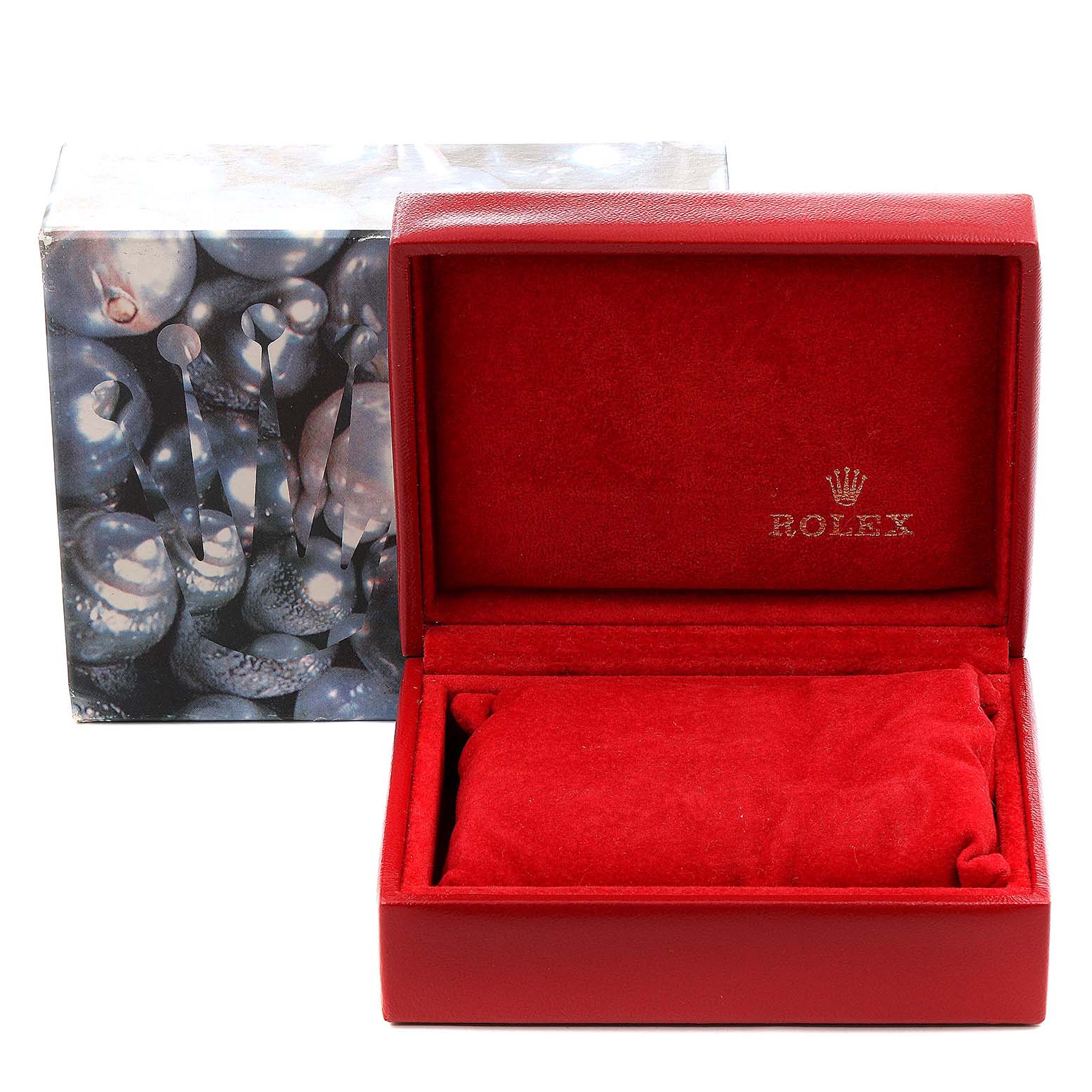 The image shows an open red Rolex box for the Datejust model, with a padded interior and an outer decorative box.