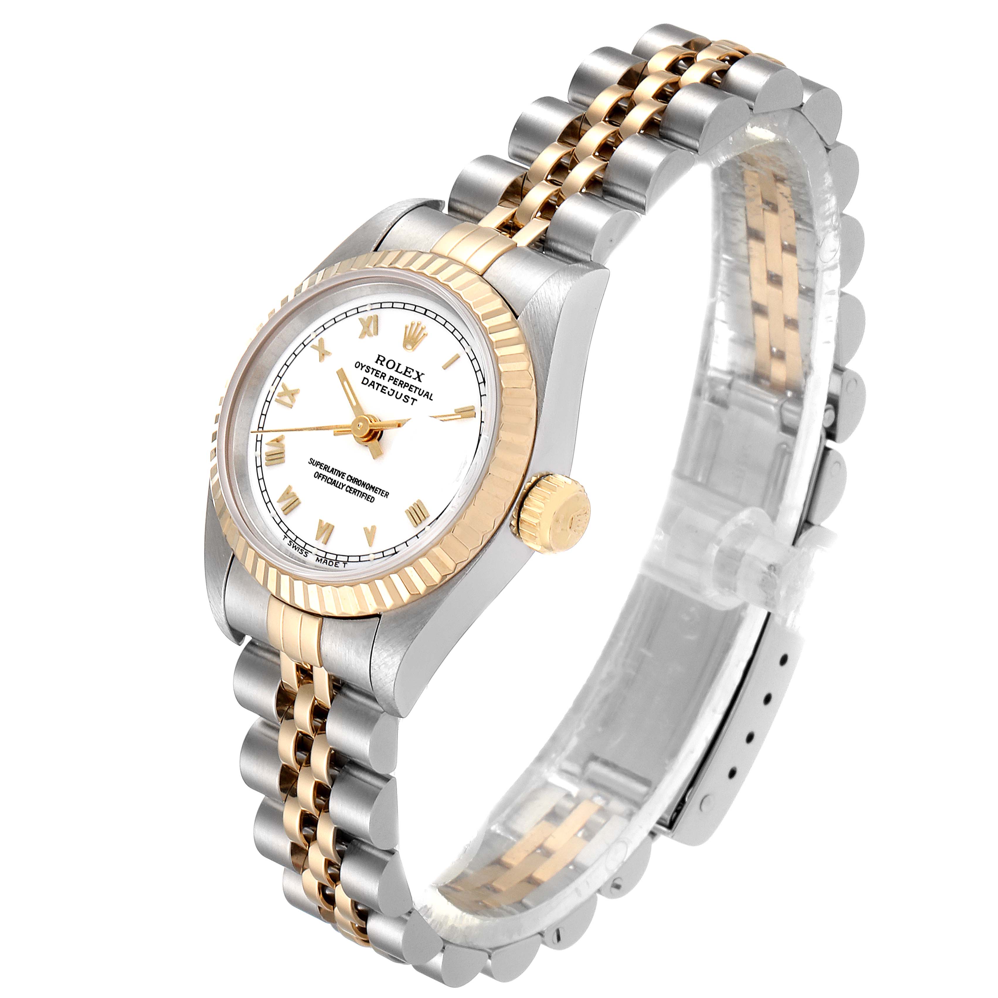 The image shows a Rolex Datejust 69173 Women's Steel and Gold (two tone) White Dial 69173 Women's Steel and Gold (two tone) White Dial watch at a three-quarter angle, highlighting the face, bezel, case, and bracelet.