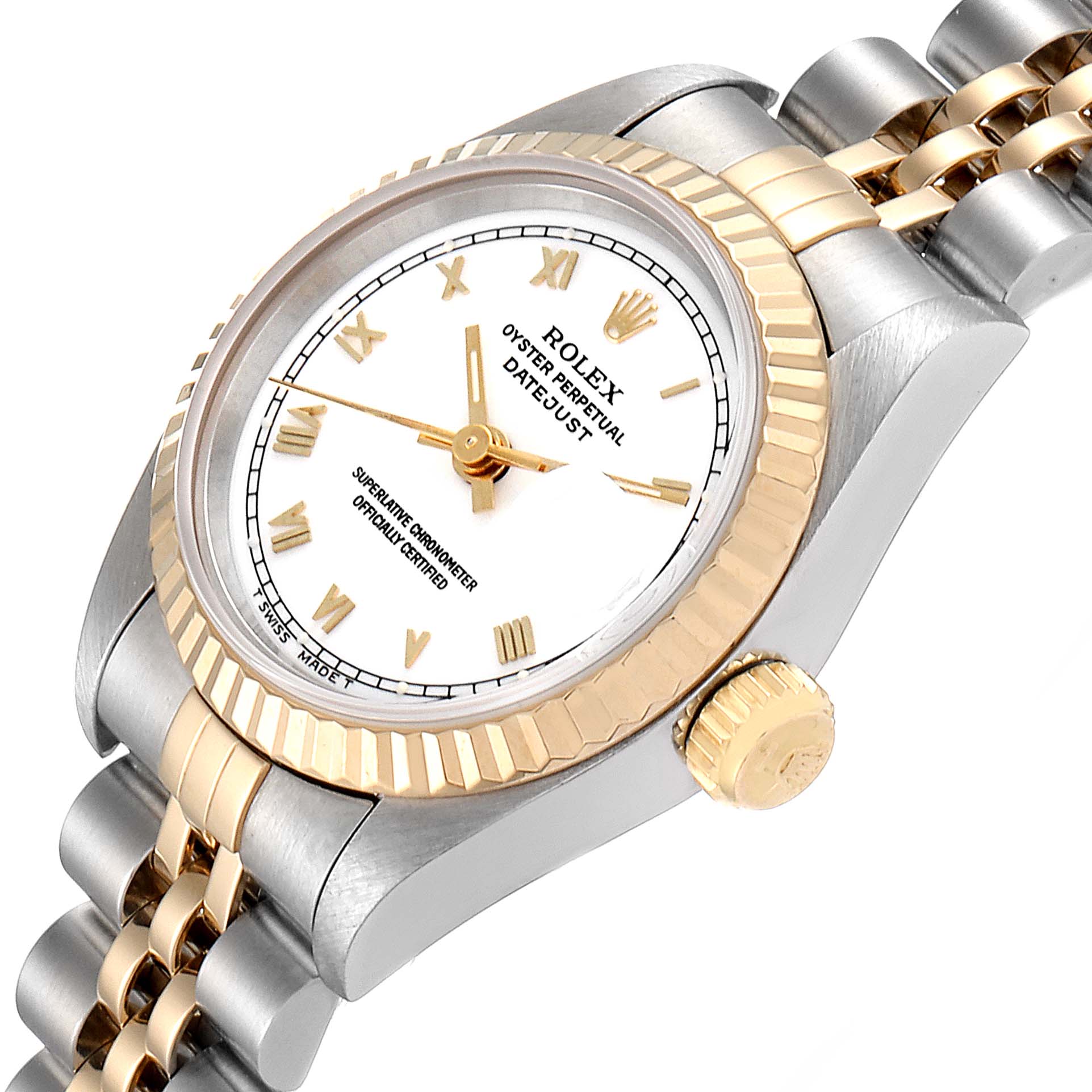 The Rolex Datejust 69173 Women's Steel and Gold (two tone) White Dial 69173 Women's Steel and Gold (two tone) White Dial watch is shown at an angled close-up, clearly depicting the face, crown, and part of the bracelet.