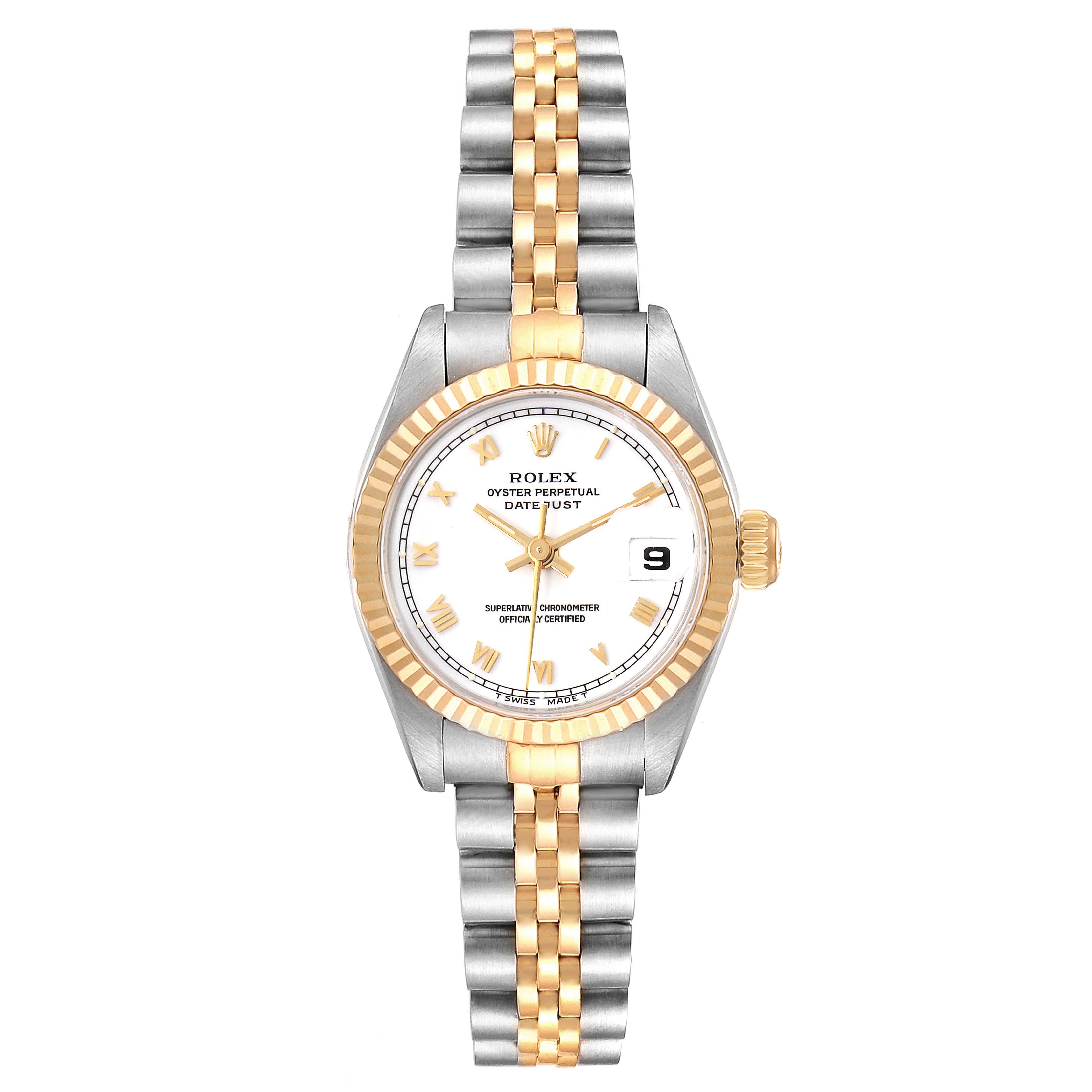 This image shows a frontal view of a Rolex Datejust 69173 Women's Steel and Gold (two tone) White Dial 69173 Women's Steel and Gold (two tone) White Dial watch, highlighting its two-tone bracelet, fluted bezel, and white dial.