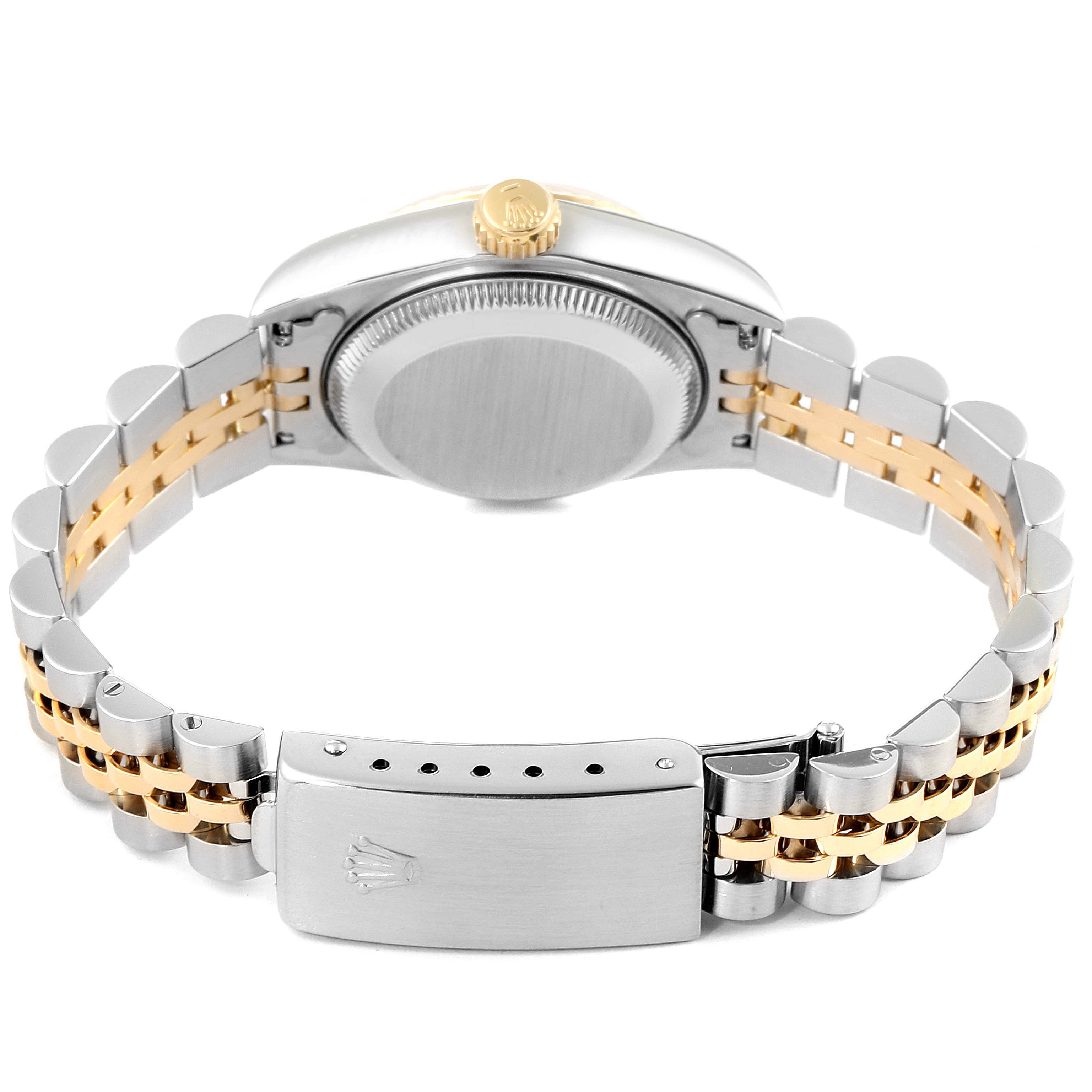 This image shows the back view of the Rolex Datejust 69173 Women's Steel and Gold (two tone) White Dial 69173 Women's Steel and Gold (two tone) White Dial watch, highlighting its case back, bracelet, and clasp.