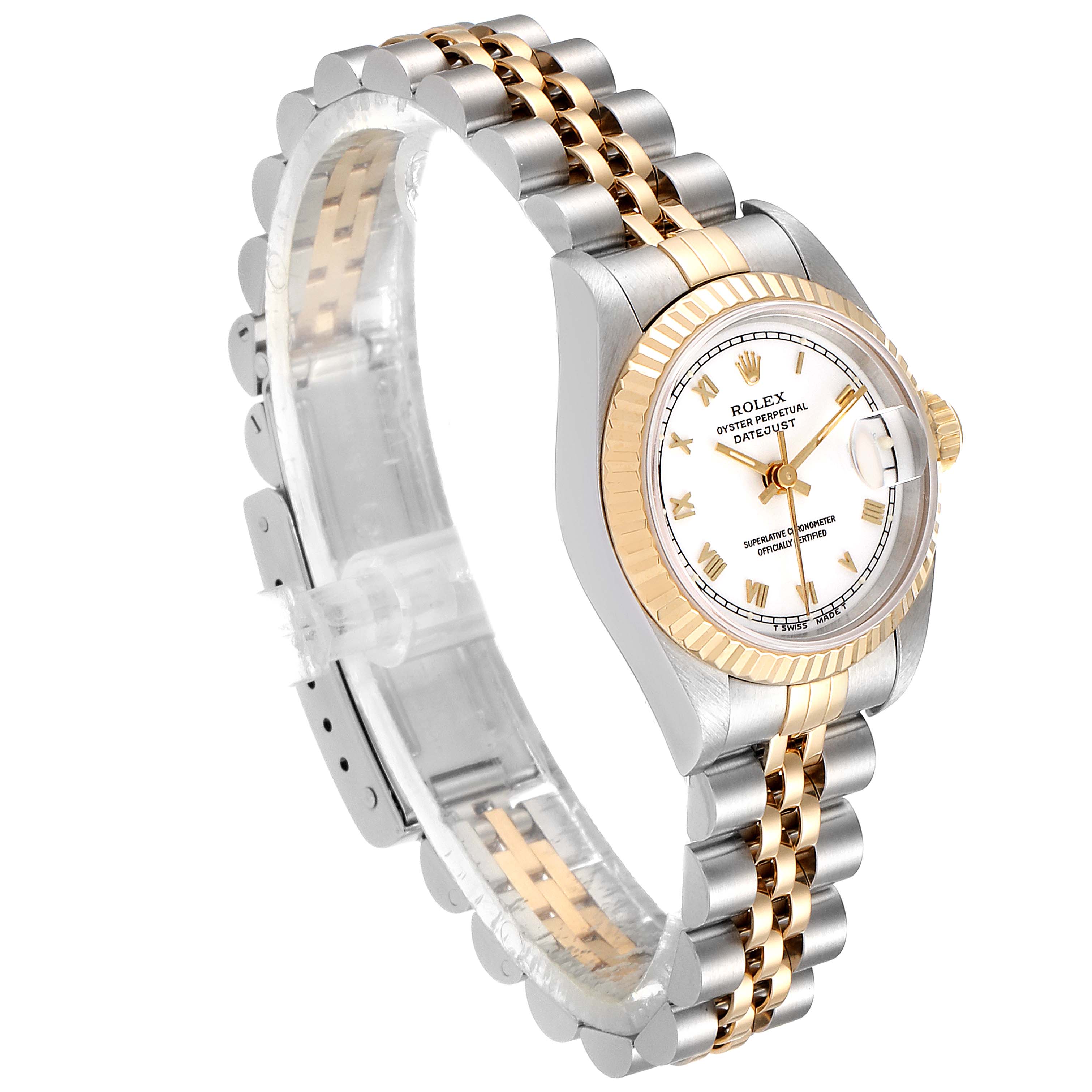 The image shows the Rolex Datejust 69173 Women's Steel and Gold (two tone) White Dial 69173 Women's Steel and Gold (two tone) White Dial watch at a three-quarter angle, highlighting the dial, bezel, and Jubilee bracelet.