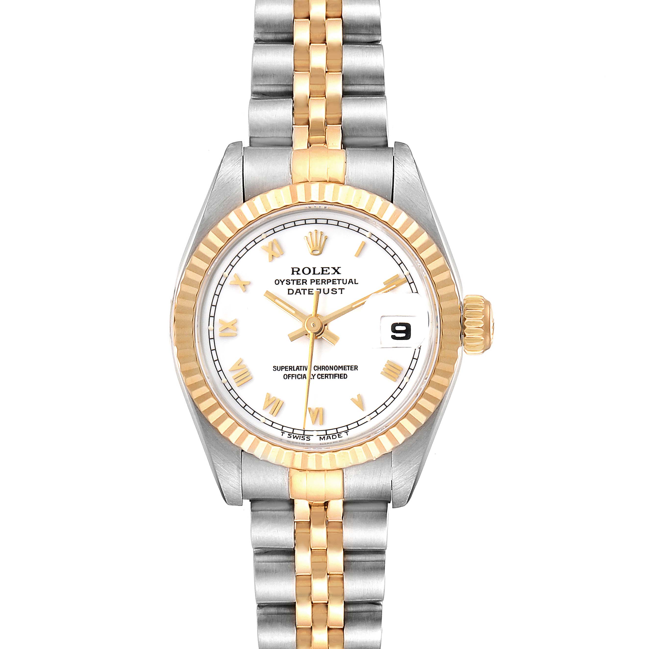 The image shows a front view of a Rolex Datejust 69173 Women's Steel and Gold (two tone) White Dial 69173 Women's Steel and Gold (two tone) White Dial watch featuring a two-tone case and jubilee bracelet.