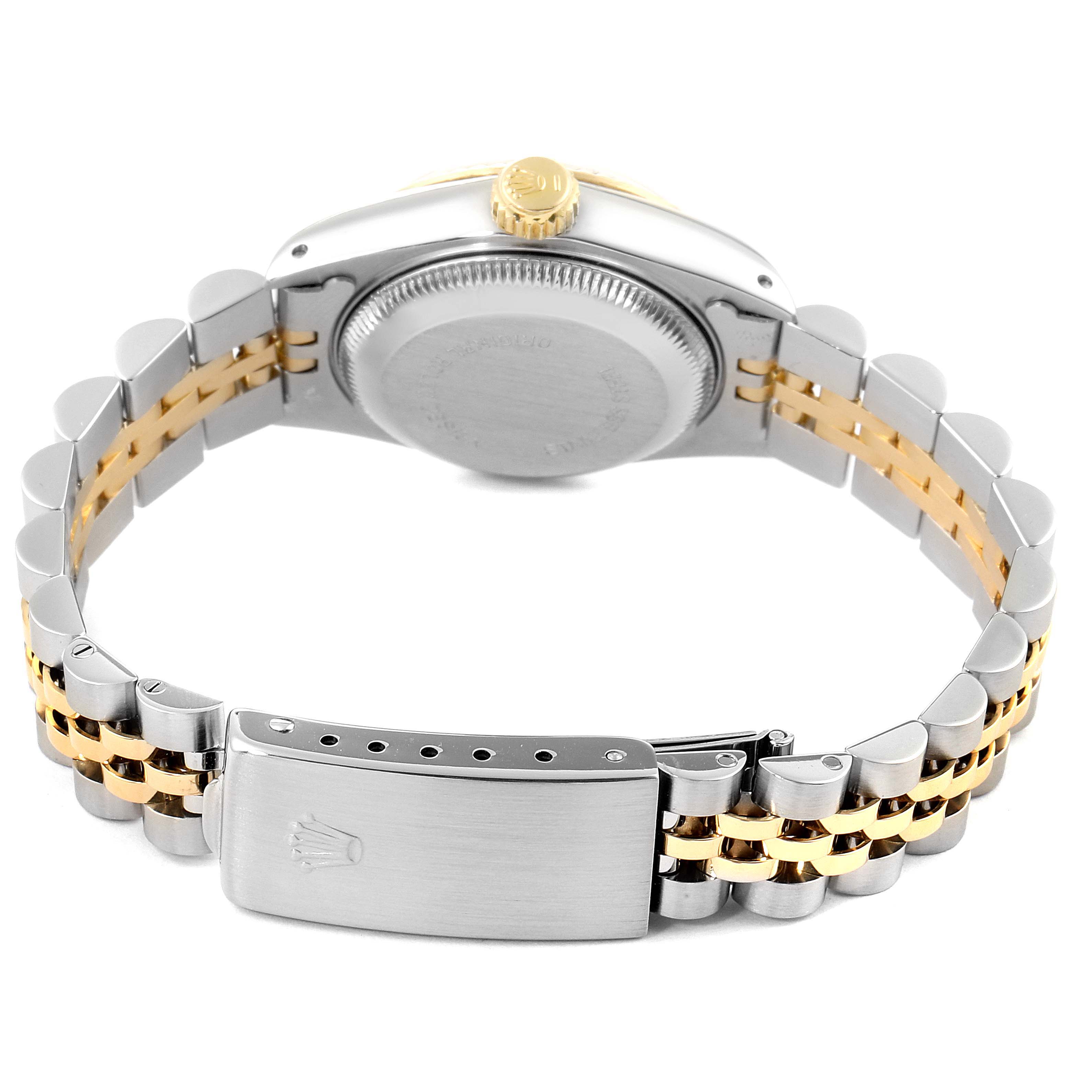 This image shows the back of a Rolex Datejust 69173 Women
s Steel and Gold (two tone) Champagne Dial 69173 Women
s Steel and Gold (two tone) Champagne Dial watch, highlighting its case, crown, and jubilee bracelet with two-tone links.