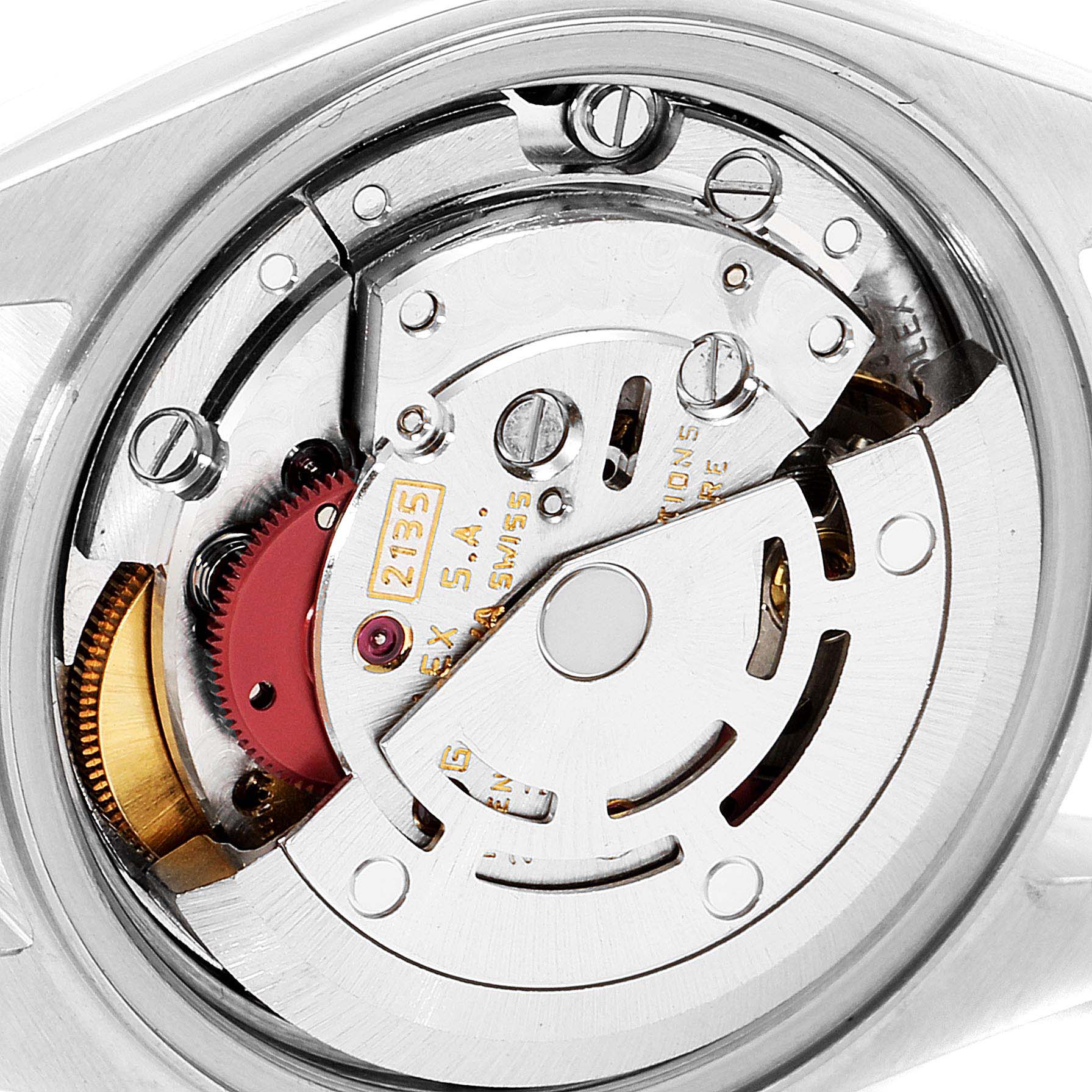 This image shows the internal mechanism and movement of a Rolex Datejust 69173 Women
s Steel and Gold (two tone) Champagne Dial 69173 Women
s Steel and Gold (two tone) Champagne Dial watch from a rear angle.