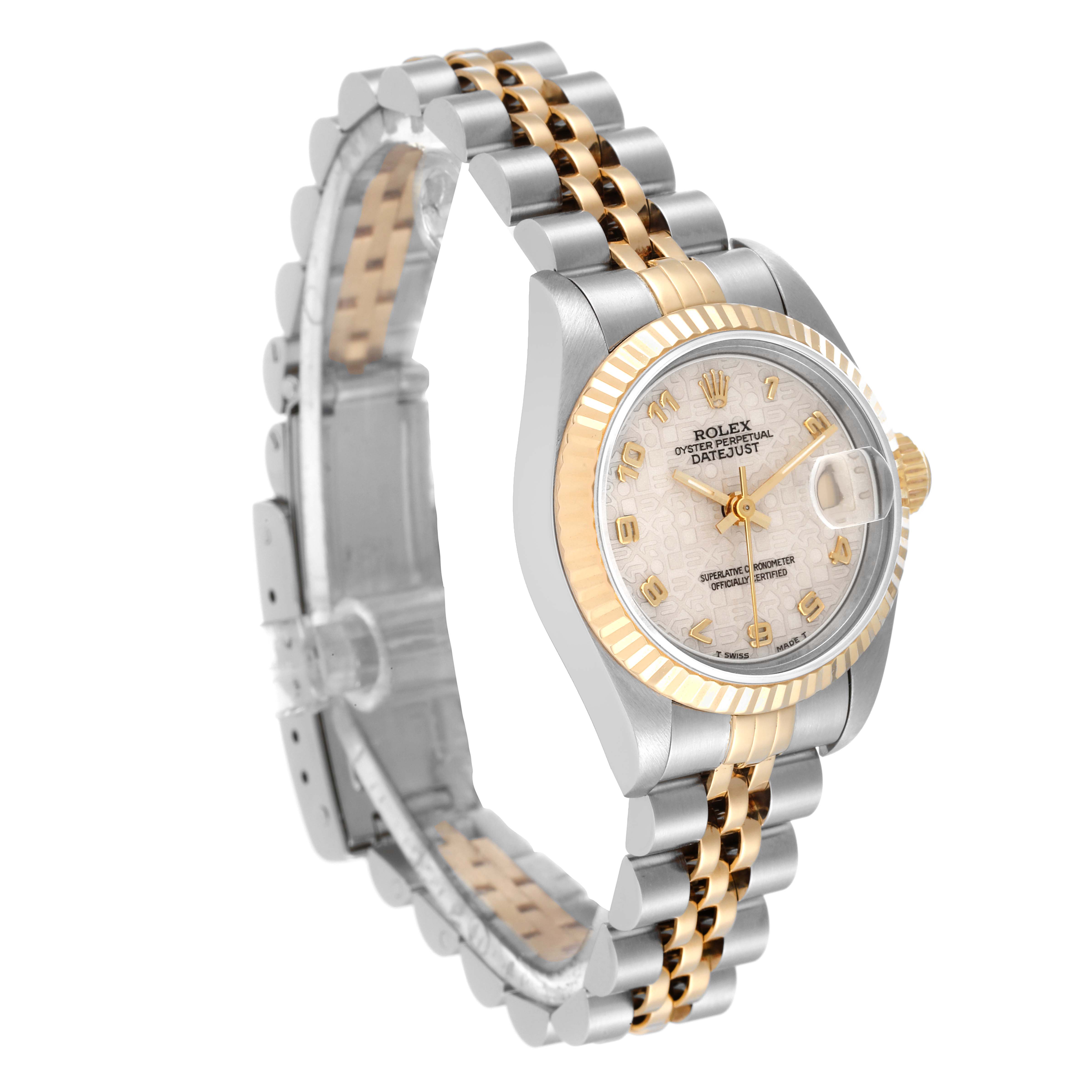 The Rolex Datejust 69173 Women's Steel and Gold (two tone) Beige Dial 69173 Women's Steel and Gold (two tone) Beige Dial watch is shown at an angled view, highlighting its two-tone bracelet, fluted bezel, and detailed dial.