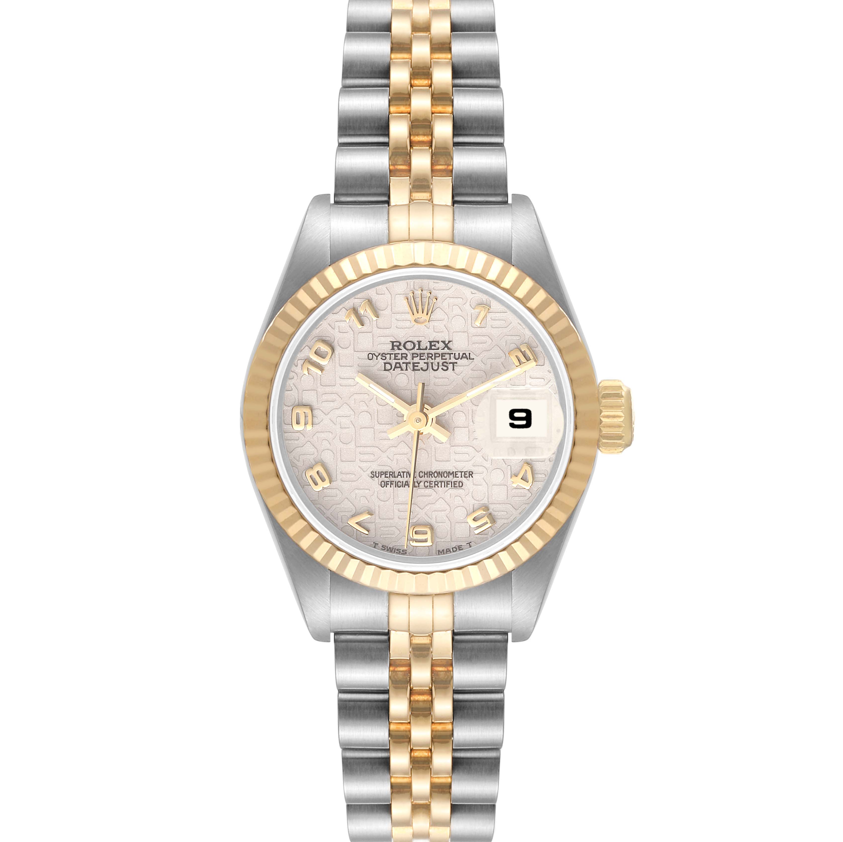 This is a head-on view of a Rolex Datejust 69173 Women's Steel and Gold (two tone) Beige Dial 69173 Women's Steel and Gold (two tone) Beige Dial watch displaying its face, bezel, and part of the two-tone bracelet.
