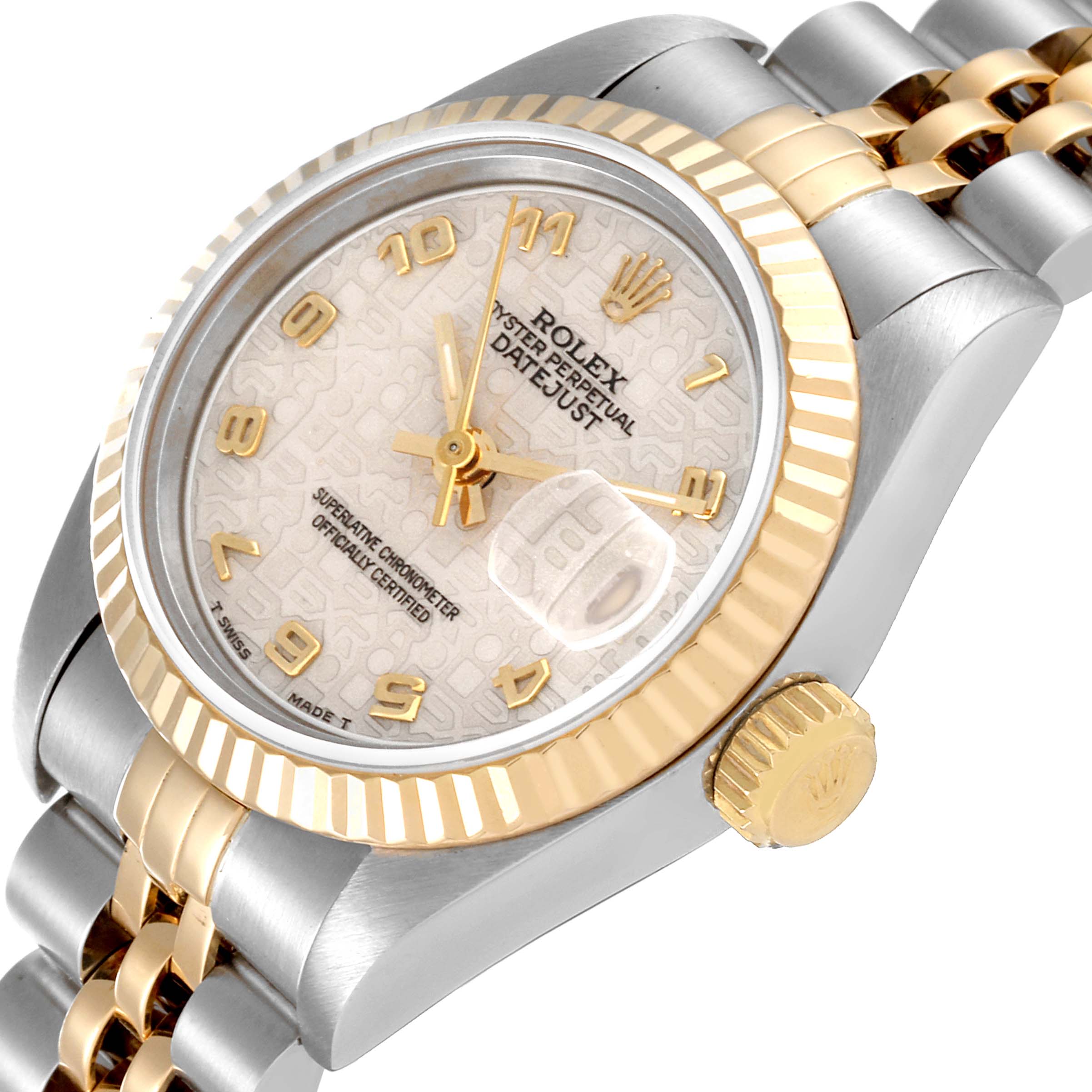 The image shows a close-up of the Rolex Datejust 69173 Women's Steel and Gold (two tone) Beige Dial 69173 Women's Steel and Gold (two tone) Beige Dial watch, highlighting the dial, bezel, crown, and part of the Jubilee bracelet.