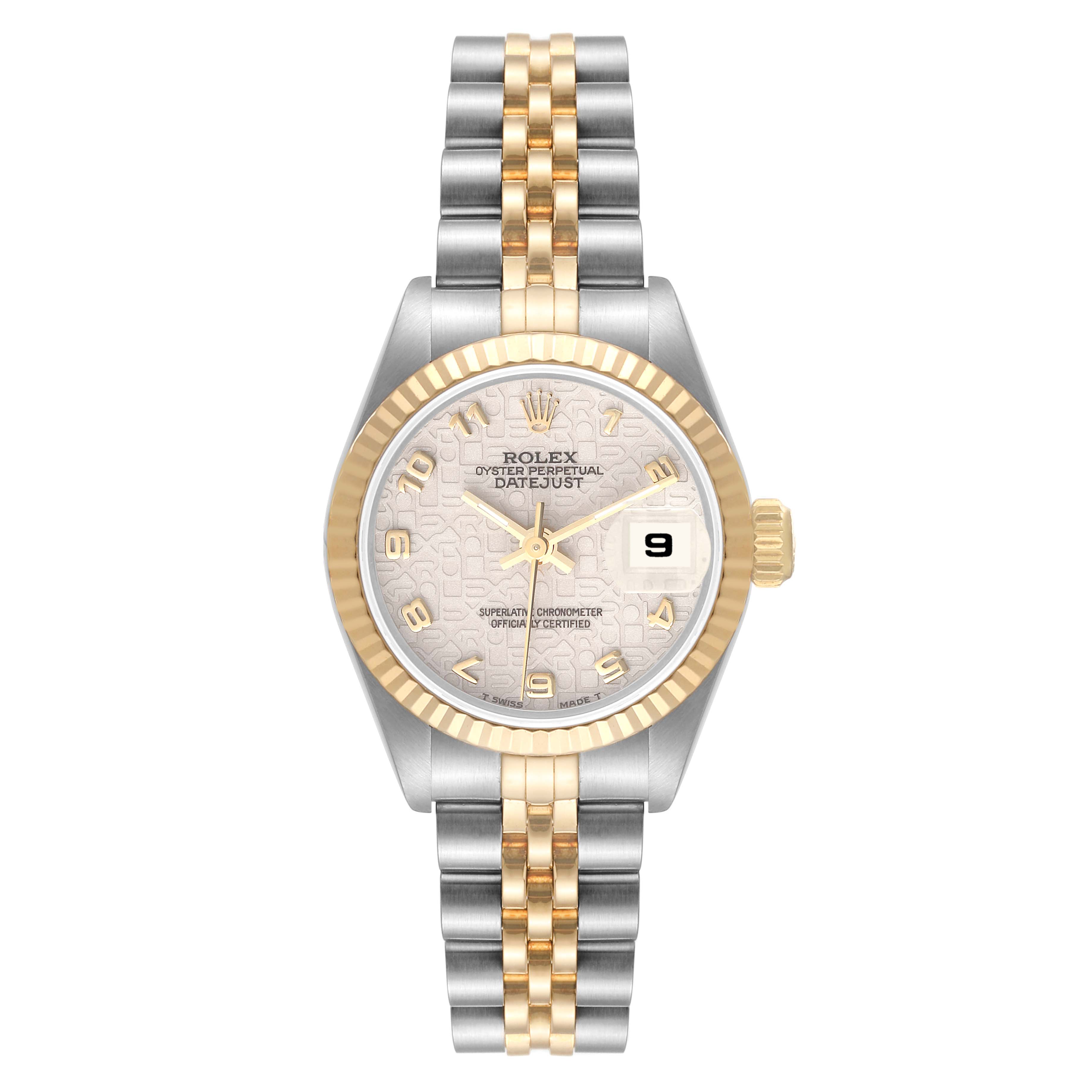 This image shows a Rolex Datejust 69173 Women's Steel and Gold (two tone) Beige Dial 69173 Women's Steel and Gold (two tone) Beige Dial watch from a top-down angle, displaying the dial, bezel, and two-tone bracelet.