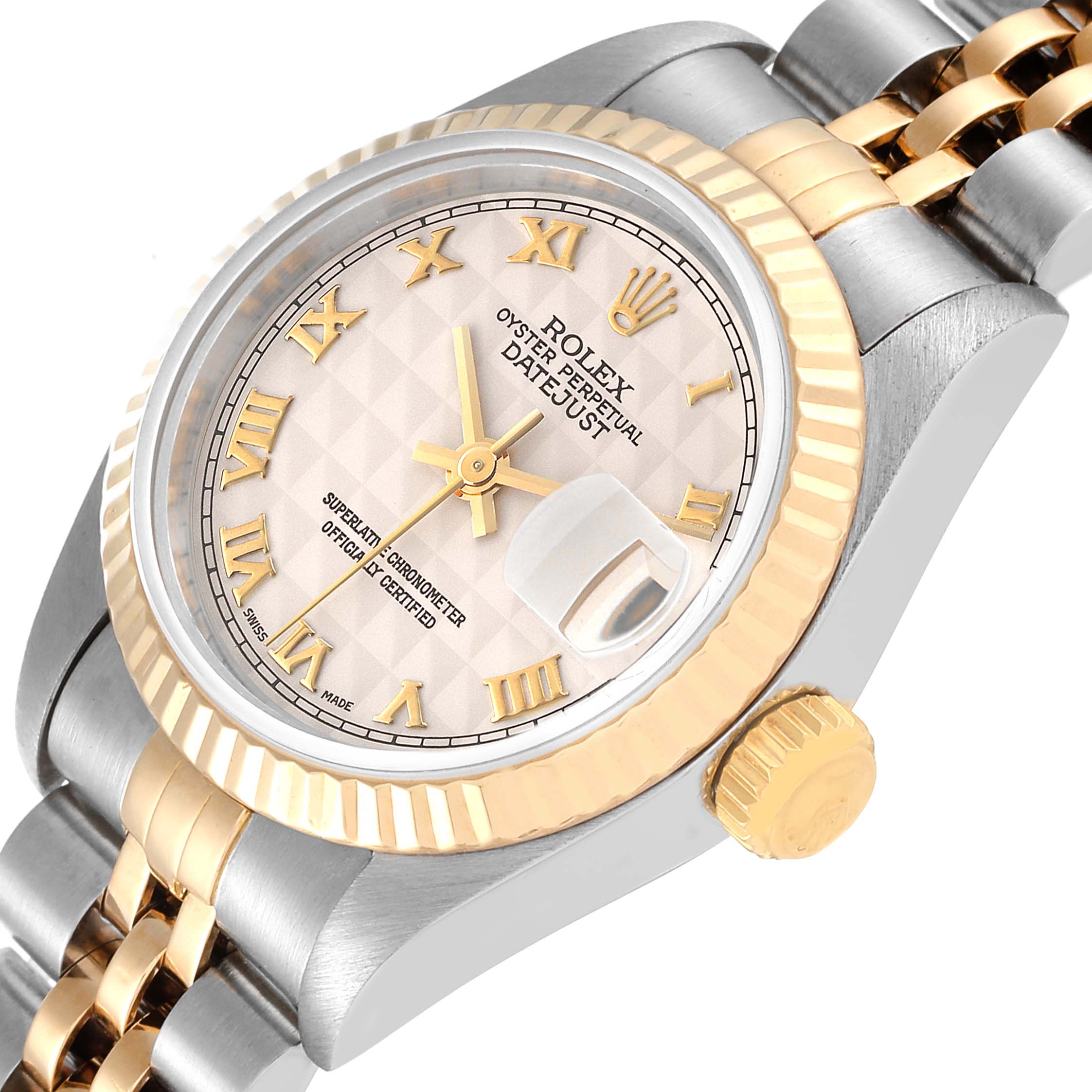 The image shows a close-up angled view of a Rolex Datejust 69173 Women's Steel and Gold (two tone) Beige Dial 69173 Women's Steel and Gold (two tone) Beige Dial watch, highlighting the dial, bezel, crown, and part of the bracelet.