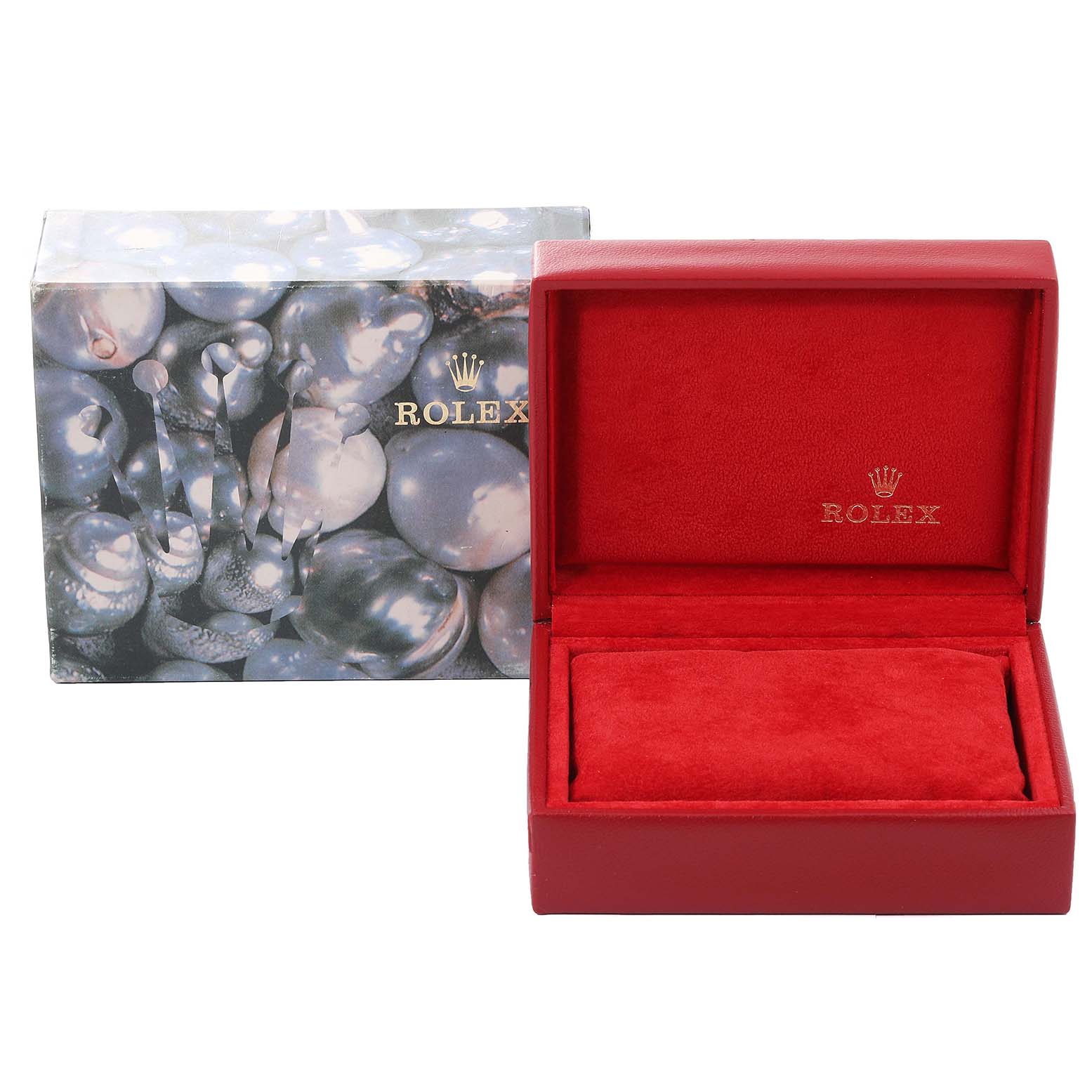 This image shows the box and inner case for a Rolex Datejust 69173 Women's Steel and Gold (two tone) Beige Dial 69173 Women's Steel and Gold (two tone) Beige Dial watch, featuring a decorative outer box and a red-lined inner case.