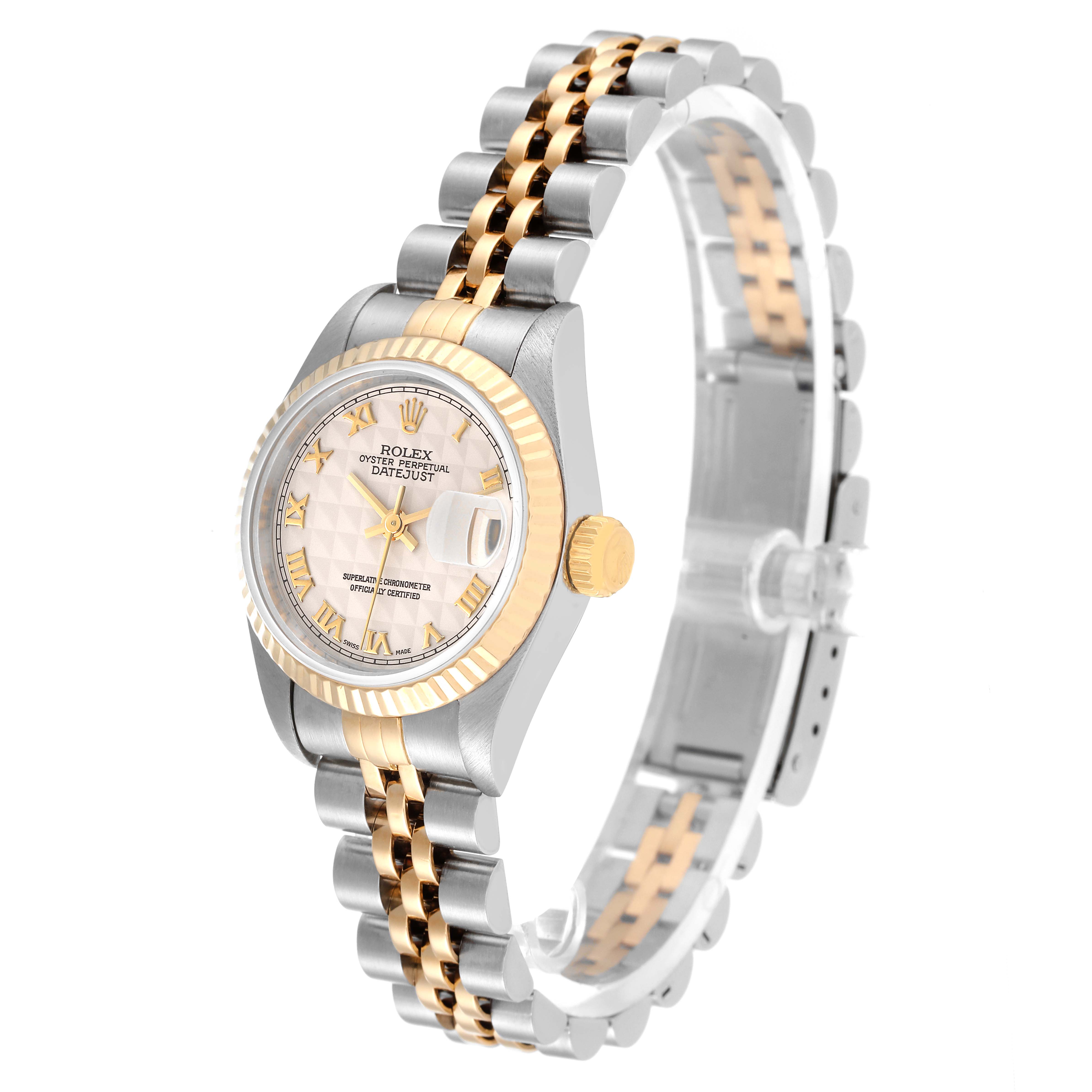 The Rolex Datejust 69173 Women's Steel and Gold (two tone) Beige Dial 69173 Women's Steel and Gold (two tone) Beige Dial watch is shown at a slight angle, highlighting its face, bezel, crown, and two-tone bracelet.