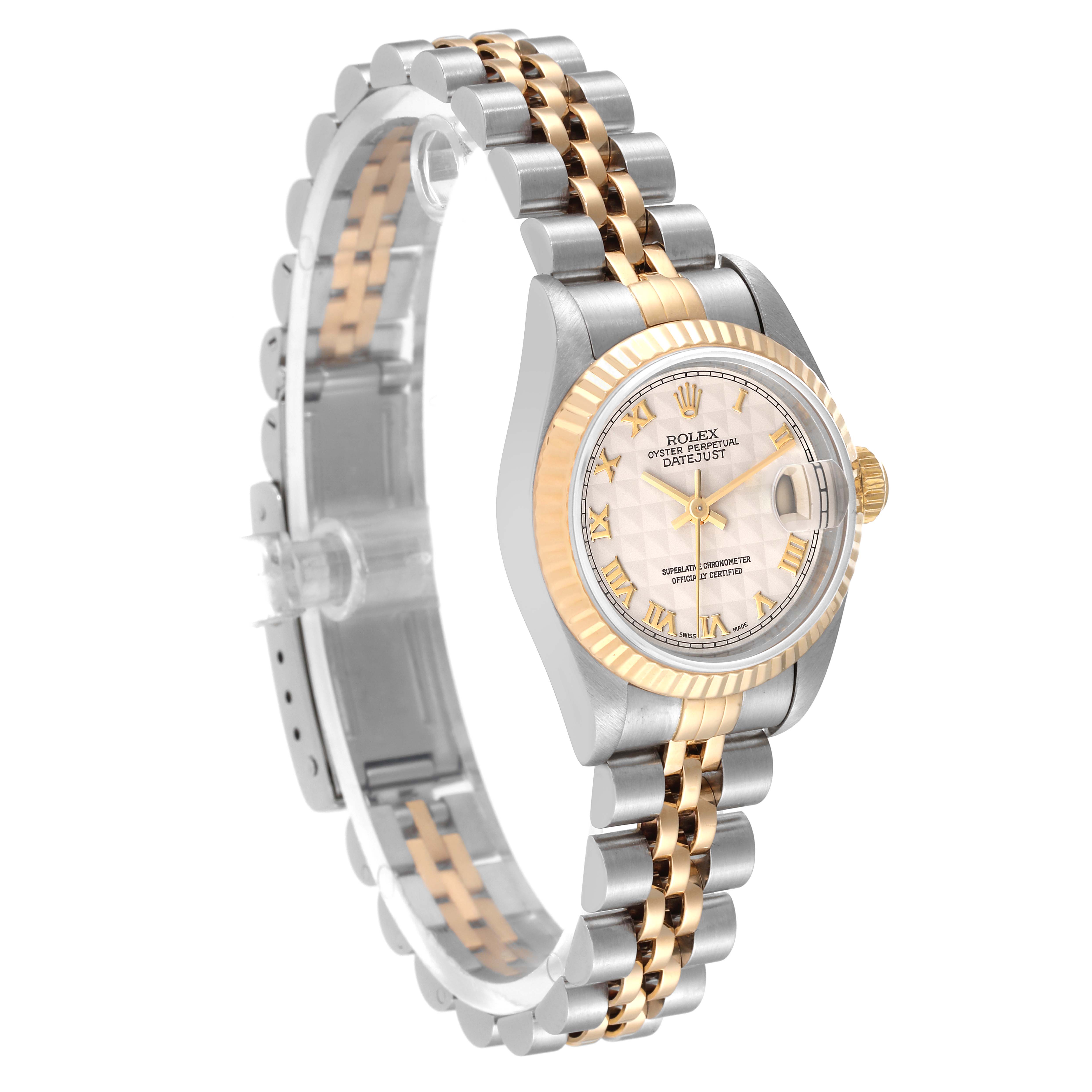 The Rolex Datejust 69173 Women's Steel and Gold (two tone) Beige Dial 69173 Women's Steel and Gold (two tone) Beige Dial watch is shown from a three-quarter angle displaying its face, bezel, and two-tone bracelet.