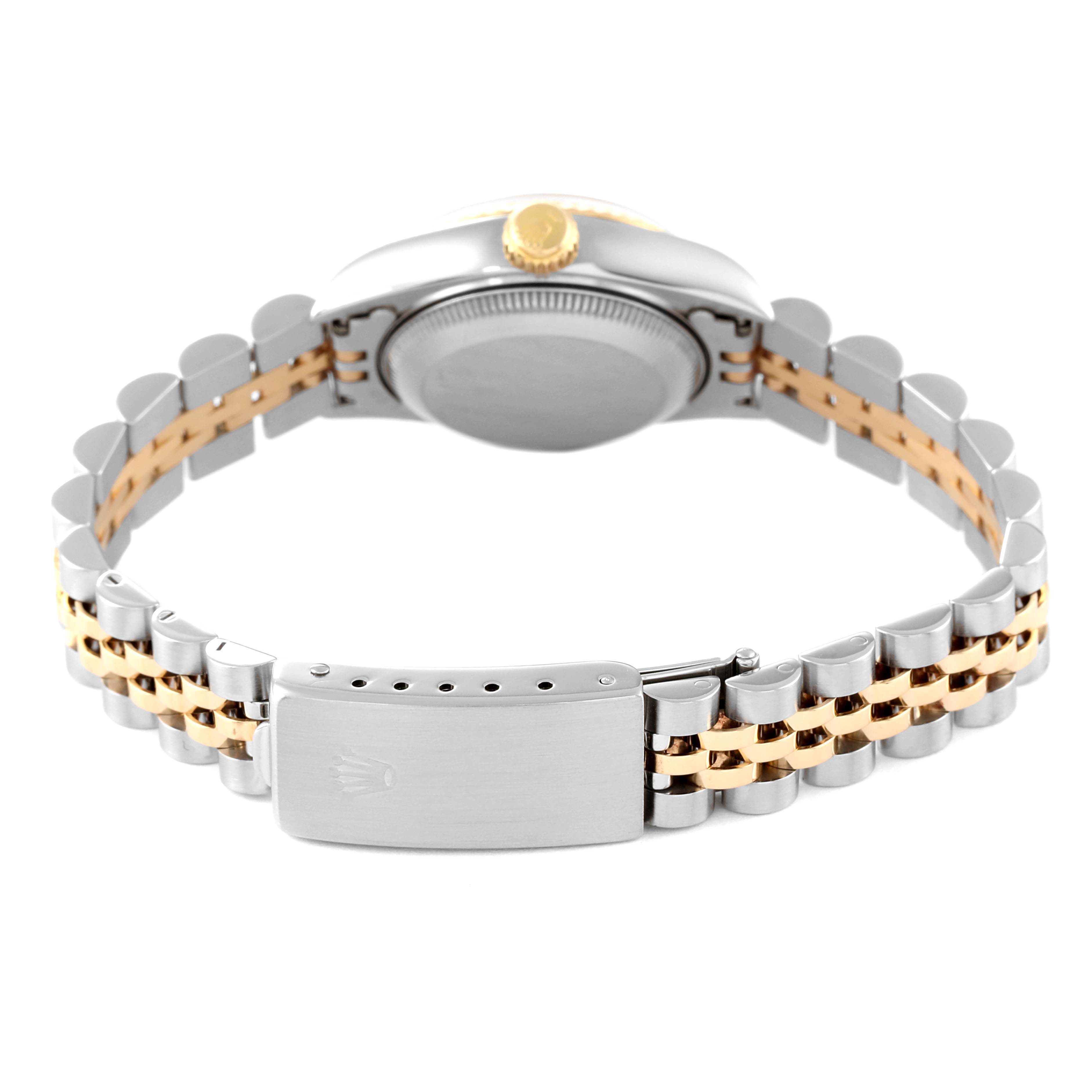 The image shows the back of a Rolex Datejust 69173 Women's Steel and Gold (two tone) Beige Dial 69173 Women's Steel and Gold (two tone) Beige Dial watch, highlighting the bracelet, clasp, case back, and crown.