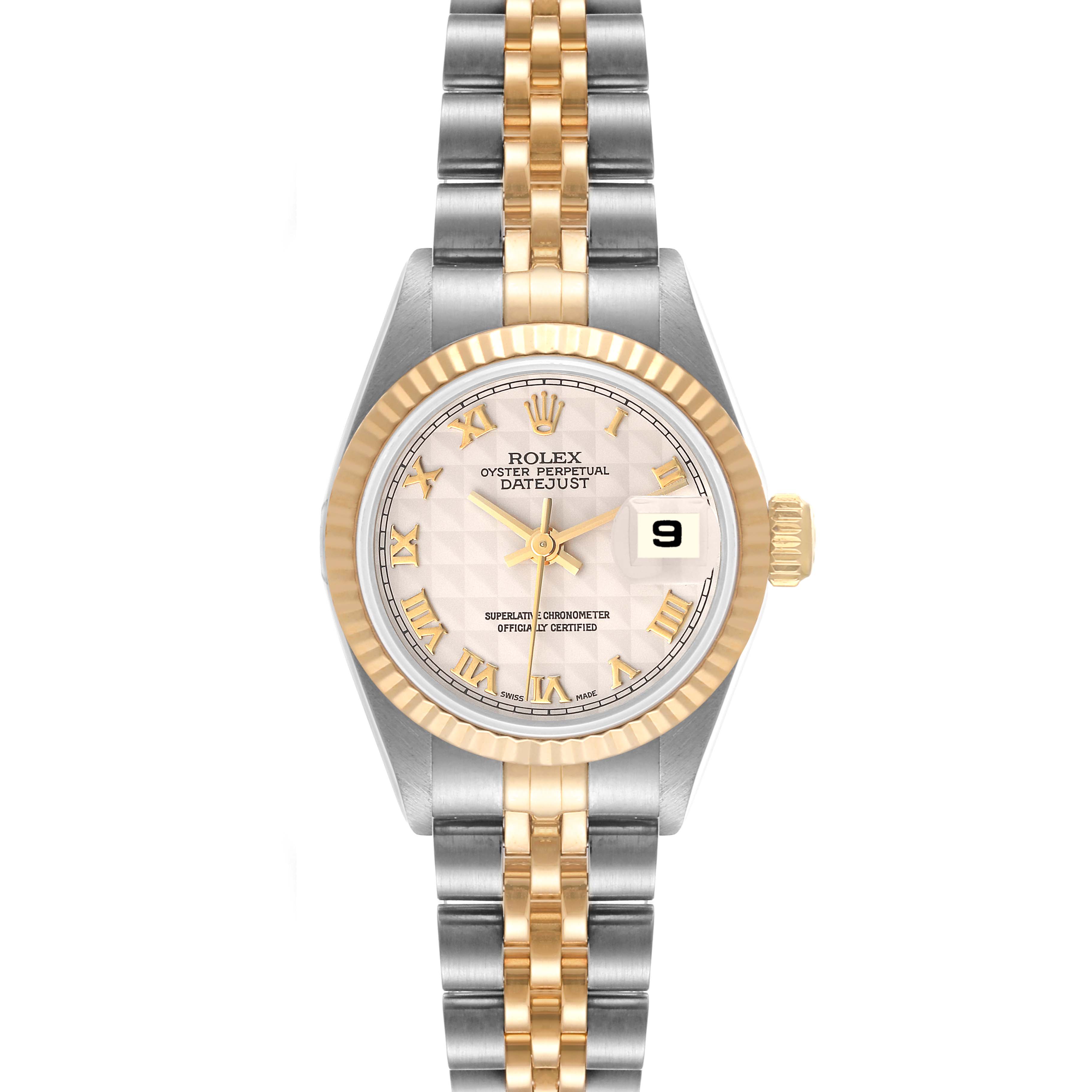 This image shows a front view of a Rolex Datejust 69173 Women's Steel and Gold (two tone) Beige Dial 69173 Women's Steel and Gold (two tone) Beige Dial watch, displaying its two-tone bracelet, dial, and date window.