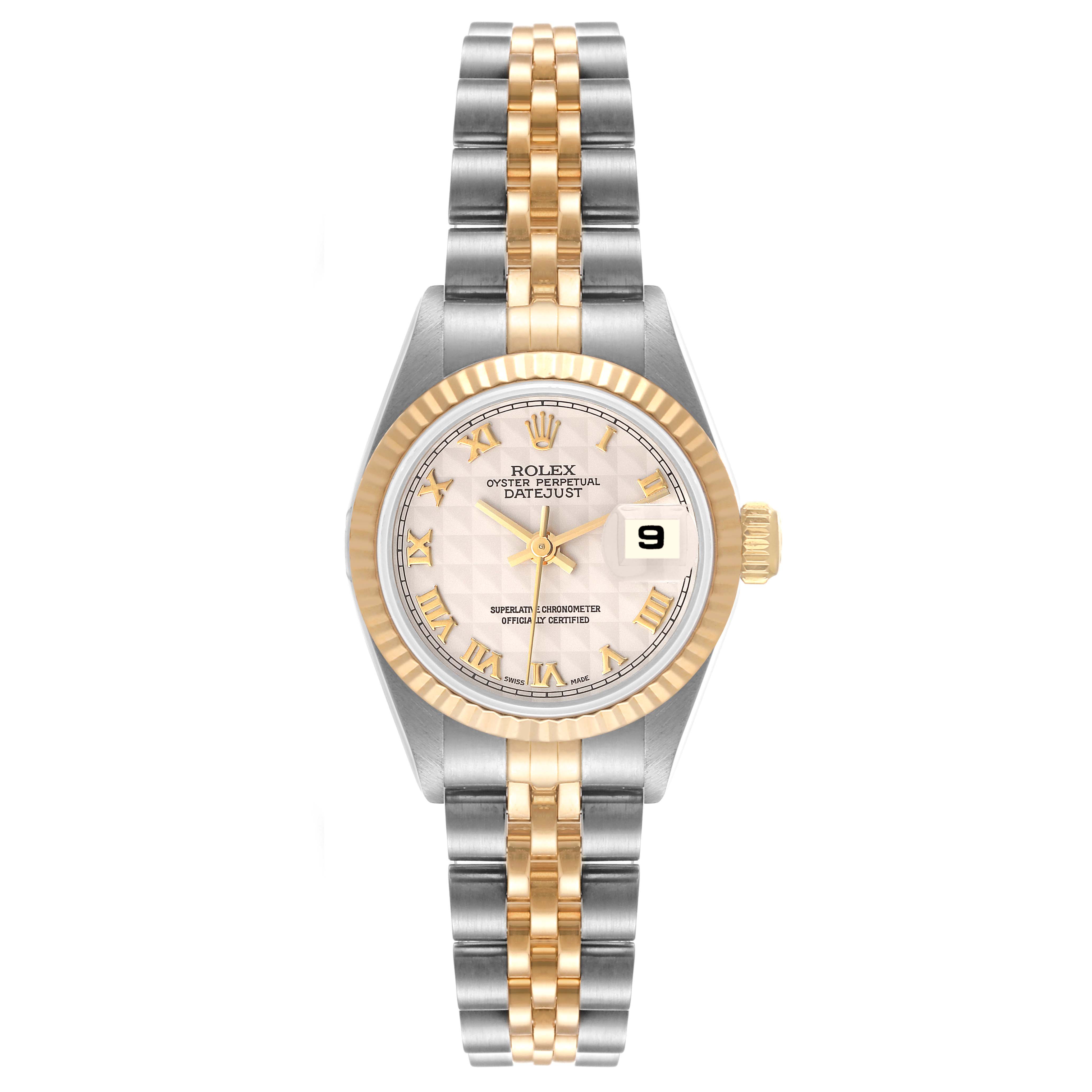 The image shows a front view of a Rolex Datejust 69173 Women's Steel and Gold (two tone) Beige Dial 69173 Women's Steel and Gold (two tone) Beige Dial watch, highlighting its face, bezel, and two-tone bracelet.