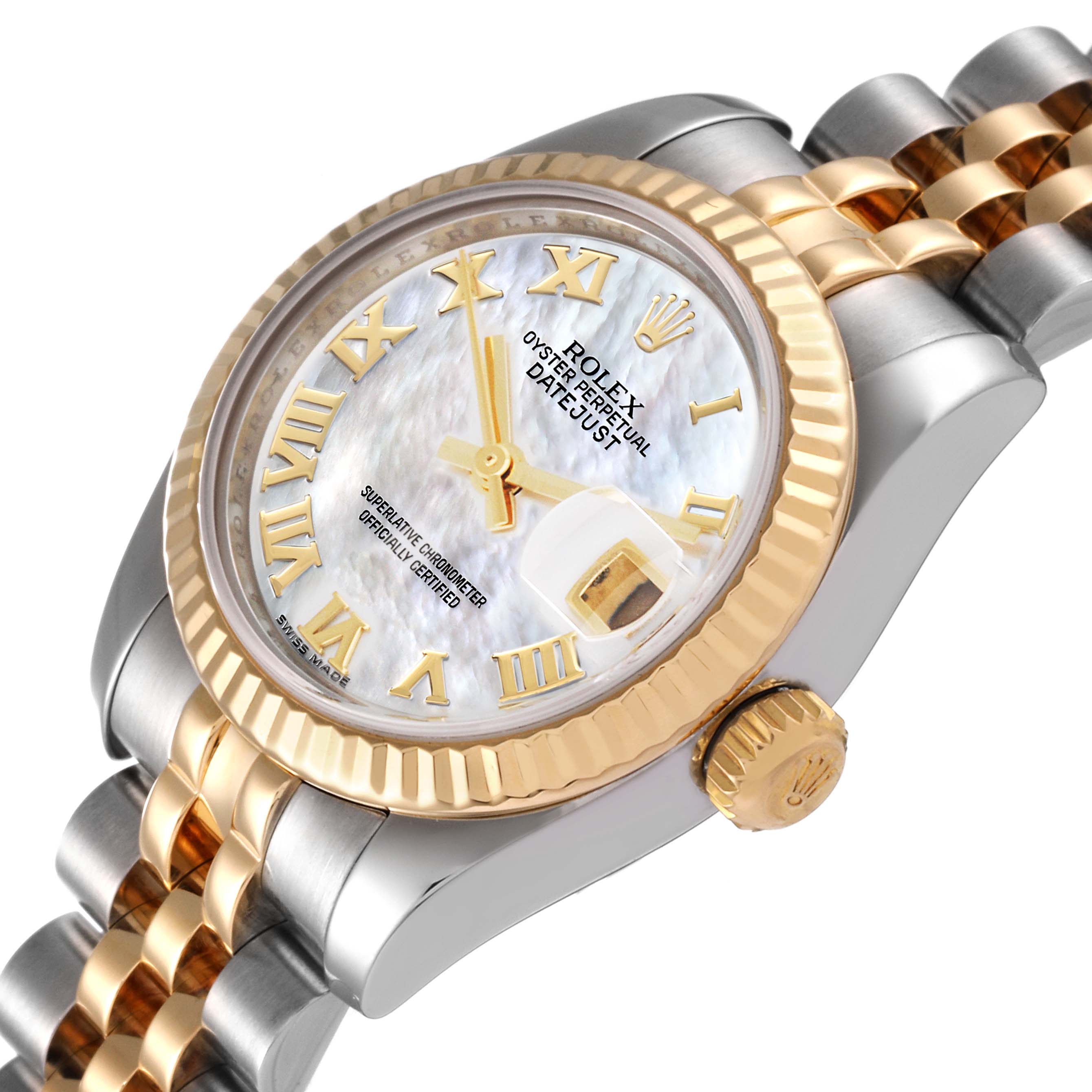 The image shows a side and top view of a Rolex Datejust 179173 Women's Steel and Gold (two tone) Mother of Pearl Dial 179173 Women's Steel and Gold (two tone) Mother of Pearl Dial watch, highlighting its face, bezel, crown, and part of the bracelet.
