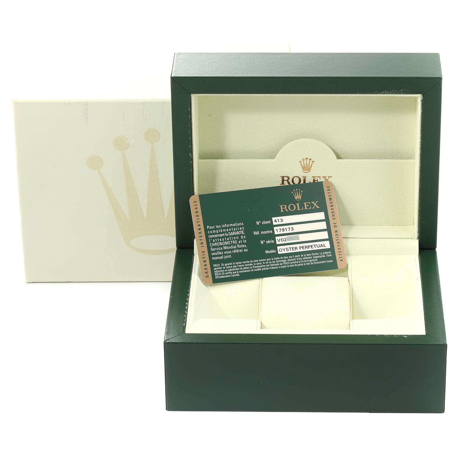 The image shows an open Rolex Datejust 179173 Women's Steel and Gold (two tone) Mother of Pearl Dial 179173 Women's Steel and Gold (two tone) Mother of Pearl Dial watch box at an angle, containing warranty documentation and placeholders for the watch.