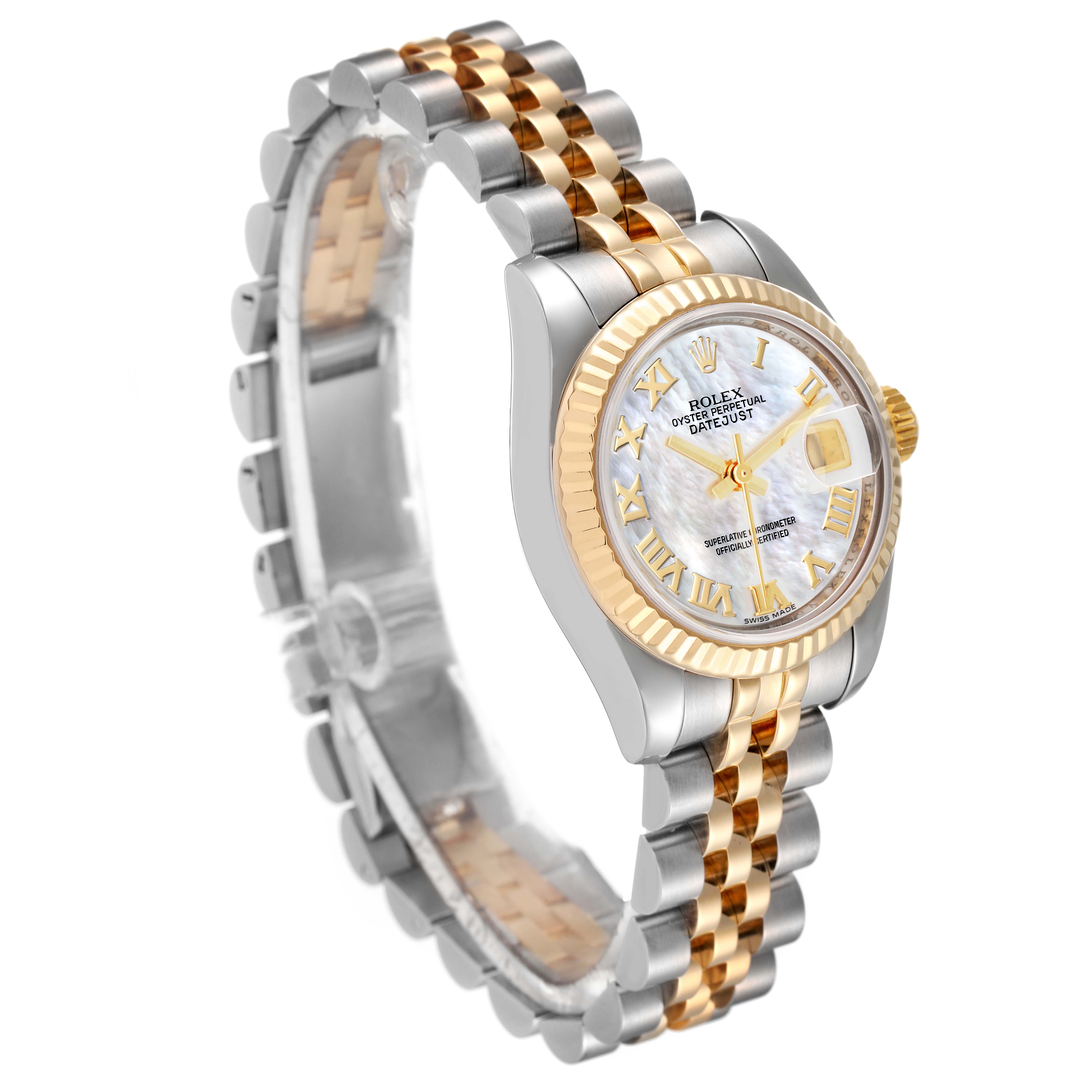 The image displays a Rolex Datejust 179173 Women's Steel and Gold (two tone) Mother of Pearl Dial 179173 Women's Steel and Gold (two tone) Mother of Pearl Dial watch at a three-quarter angle, showcasing its dial, bezel, and two-tone jubilee bracelet.