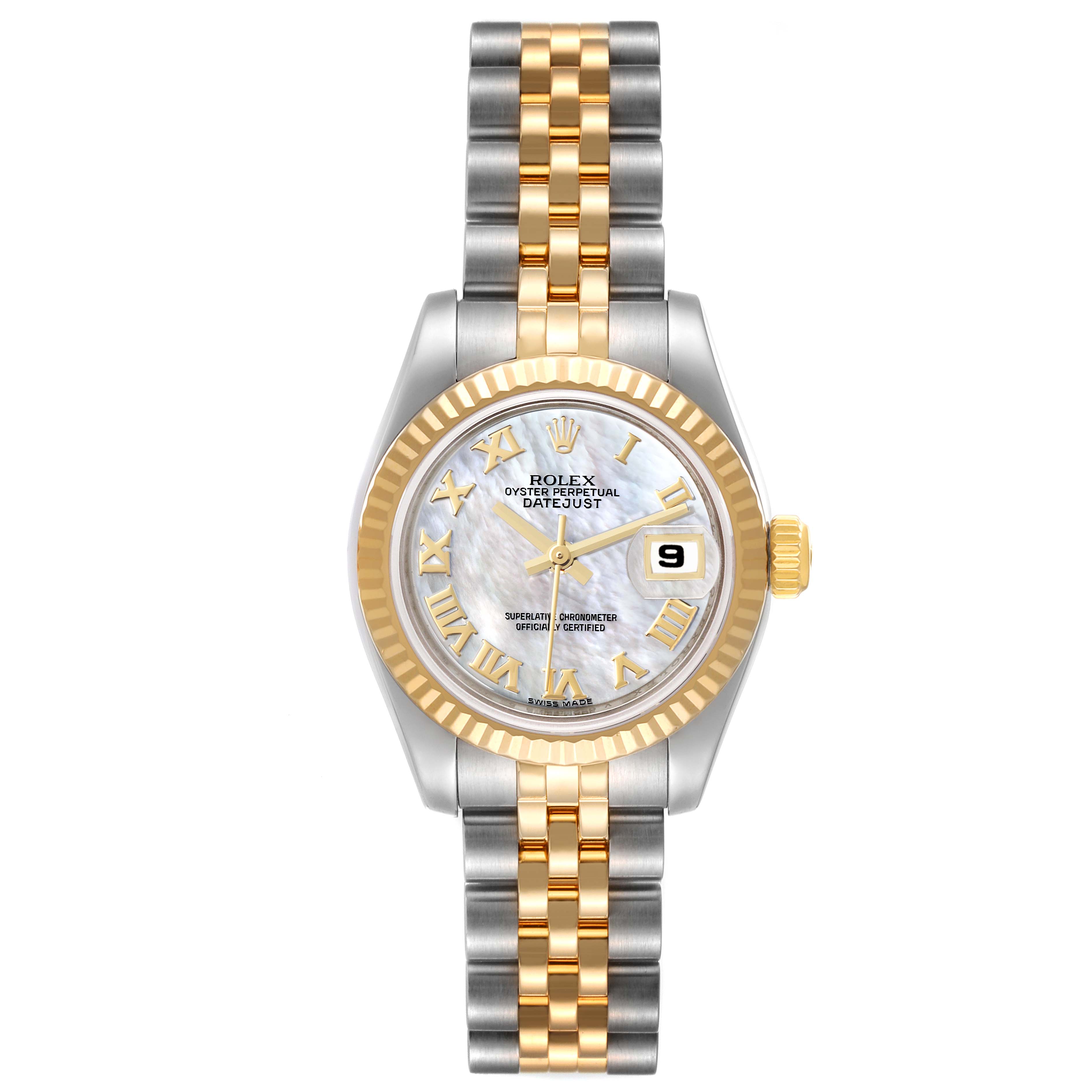 The image shows a frontal view of a Rolex Datejust 179173 Women's Steel and Gold (two tone) Mother of Pearl Dial 179173 Women's Steel and Gold (two tone) Mother of Pearl Dial watch, featuring a gold and silver bracelet, gold bezel, and date display.