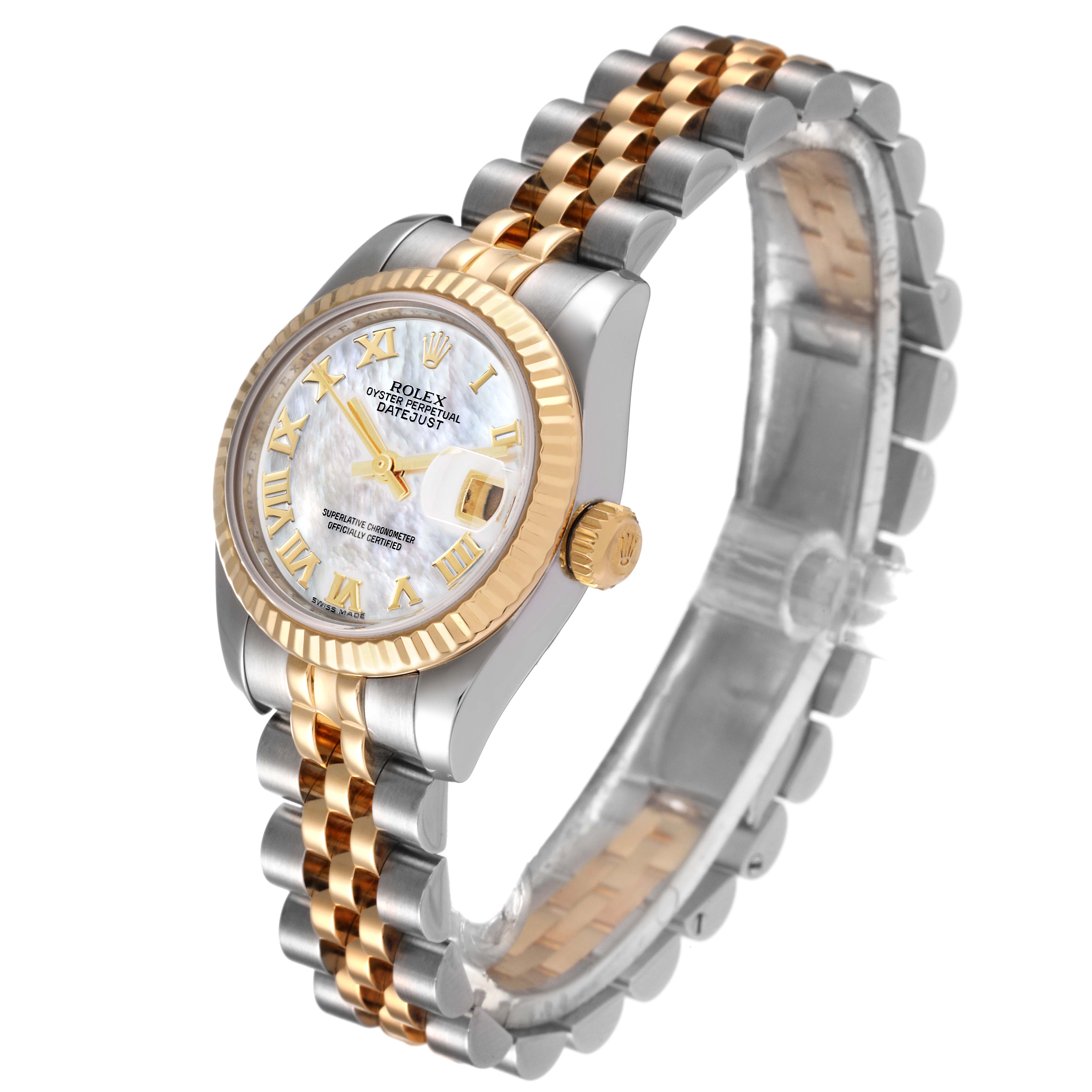 The image shows a Rolex Datejust 179173 Women's Steel and Gold (two tone) Mother of Pearl Dial 179173 Women's Steel and Gold (two tone) Mother of Pearl Dial watch at a left-side angle, highlighting its face, bezel, crown, and two-tone jubilee bracelet.