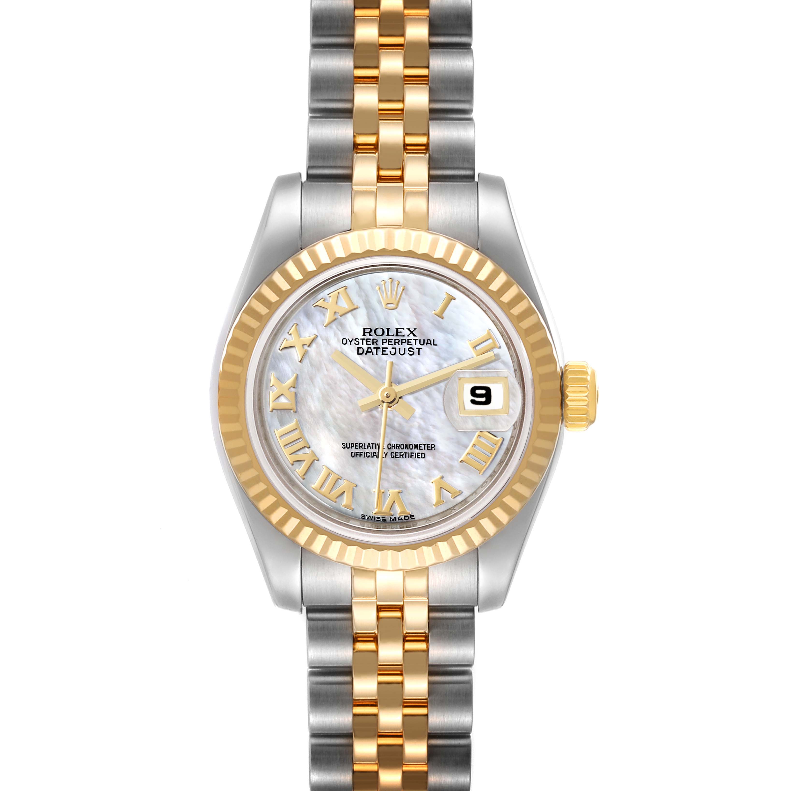 This Rolex Datejust 179173 Women's Steel and Gold (two tone) Mother of Pearl Dial 179173 Women's Steel and Gold (two tone) Mother of Pearl Dial watch is shown from the front, displaying the face, bezel, dial, and bracelet.