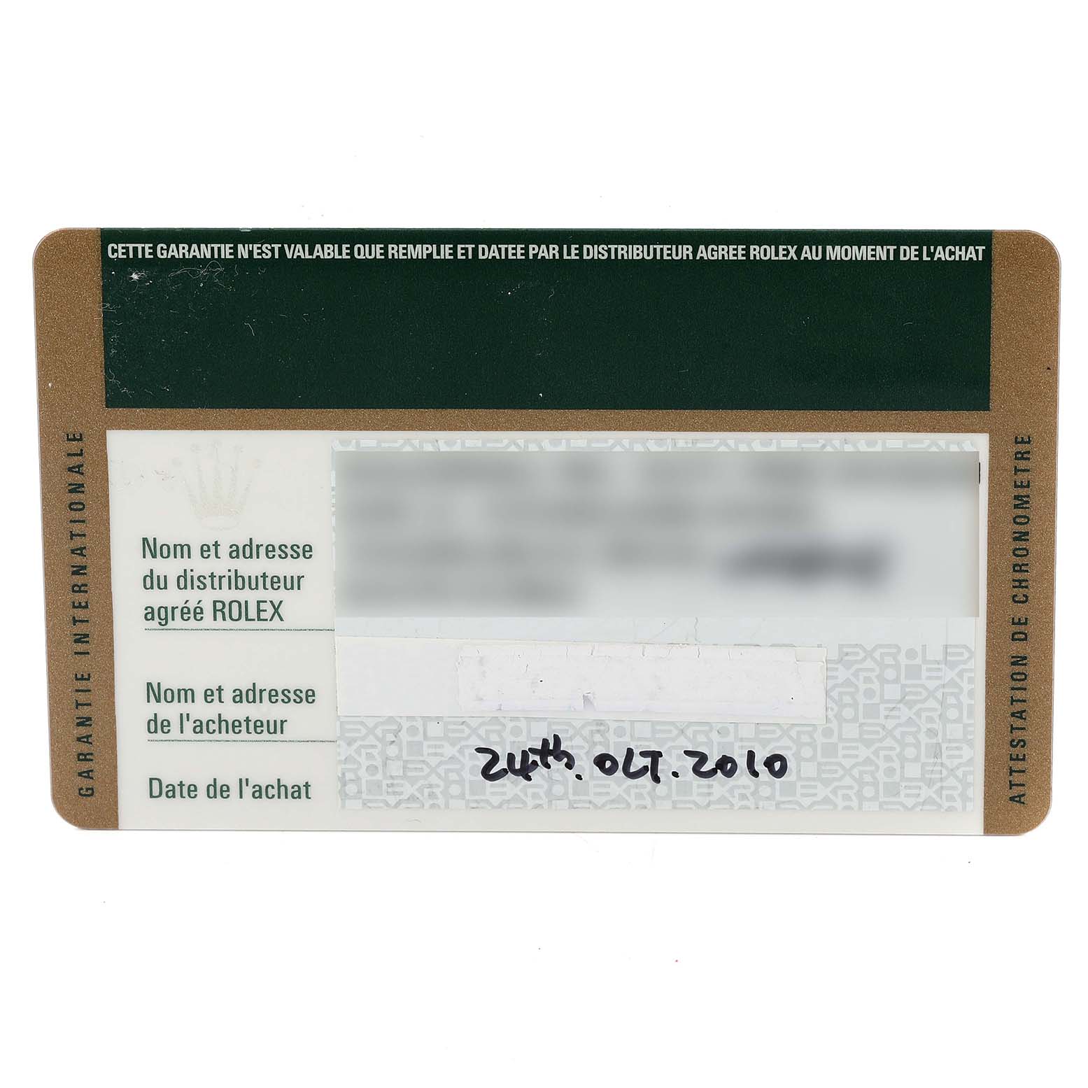 This image shows the warranty card for a Rolex Datejust 179173 Women's Steel and Gold (two tone) Mother of Pearl Dial 179173 Women's Steel and Gold (two tone) Mother of Pearl Dial watch.