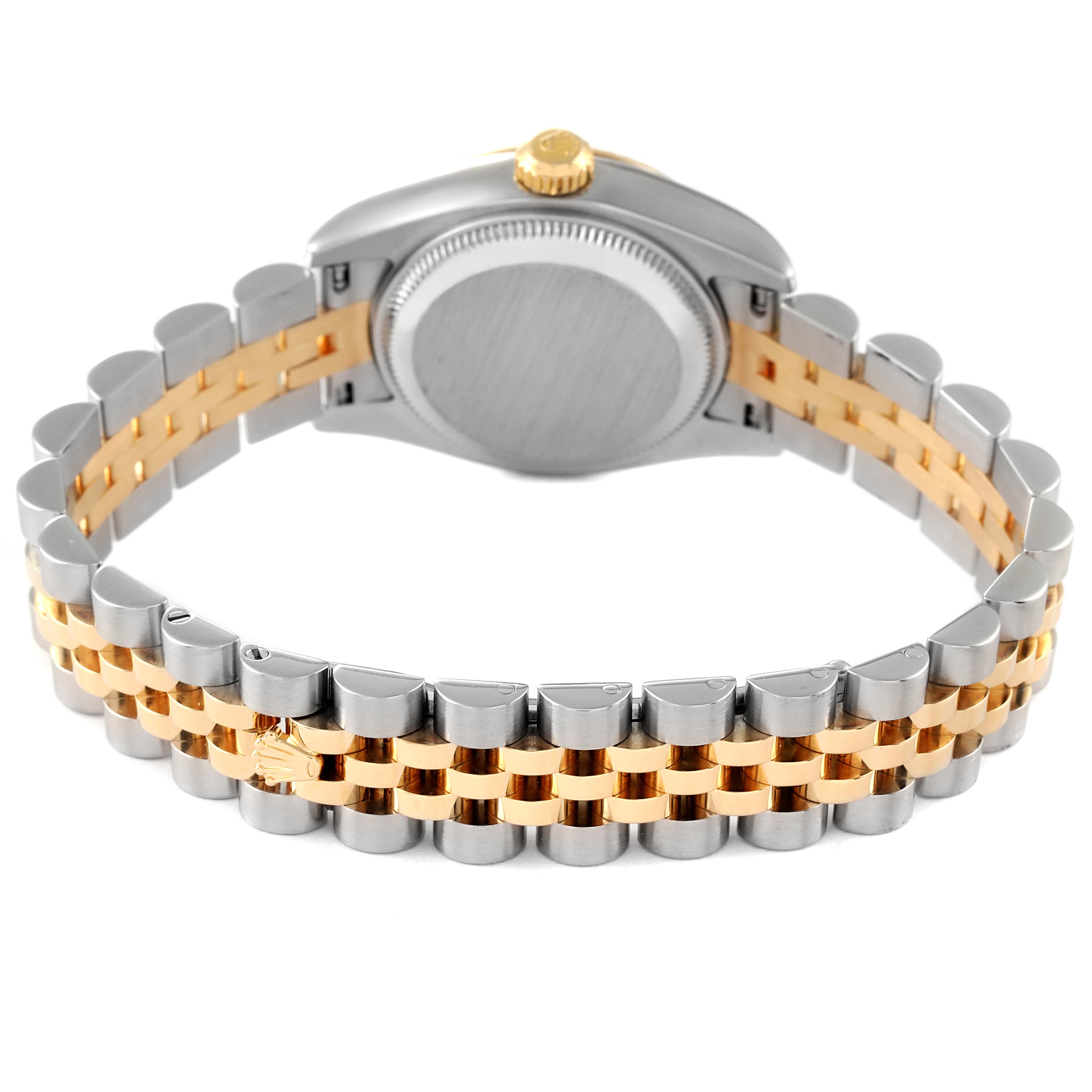 The image shows the back and bracelet of a Rolex Datejust 179173 Women's Steel and Gold (two tone) Mother of Pearl Dial 179173 Women's Steel and Gold (two tone) Mother of Pearl Dial watch at a rear angle.