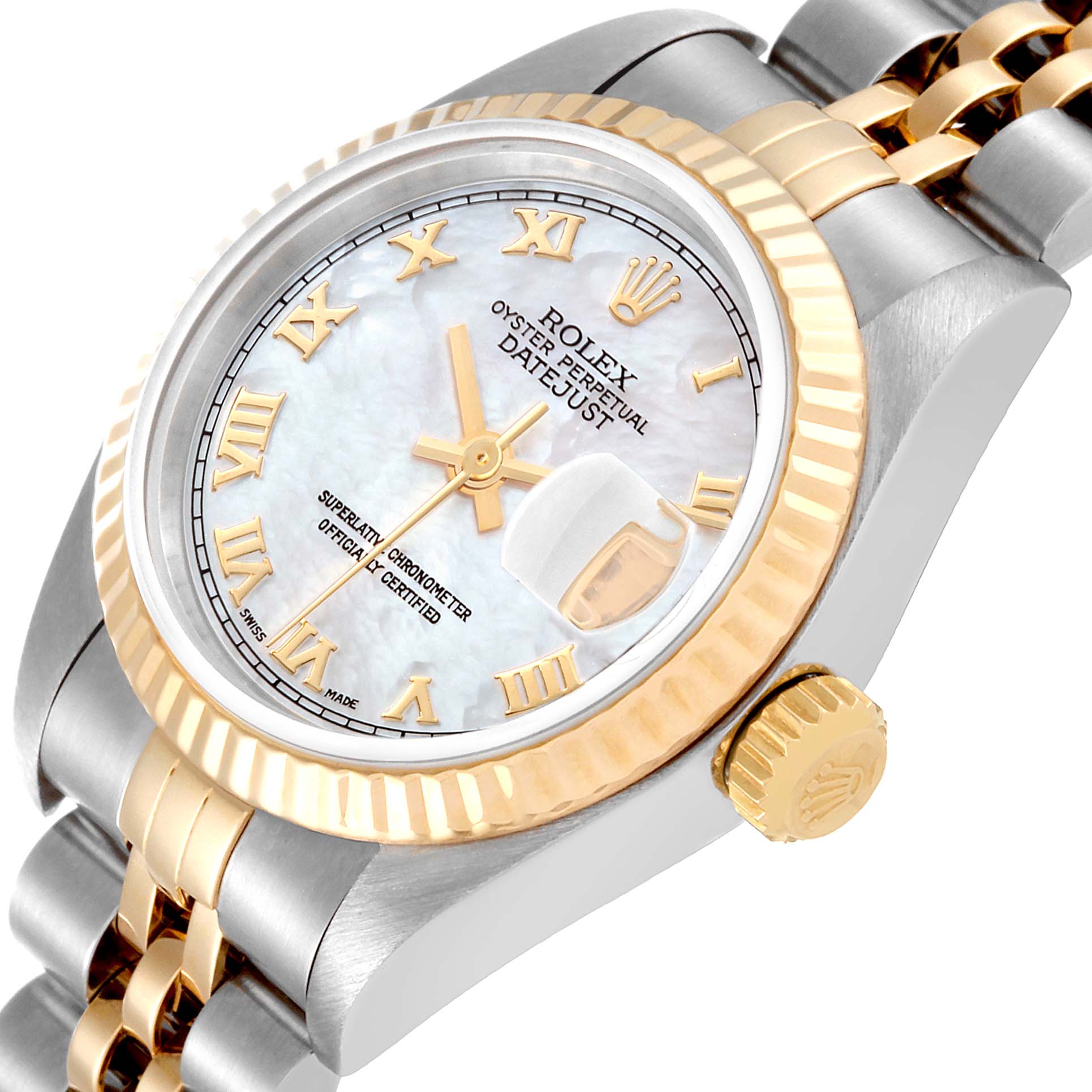 The image shows a close-up of the Rolex Datejust 69173 Women's Steel and Gold (two tone) Mother of Pearl Dial 69173 Women's Steel and Gold (two tone) Mother of Pearl Dial watch, highlighting the dial, fluted bezel, crown, and part of the bracelet.