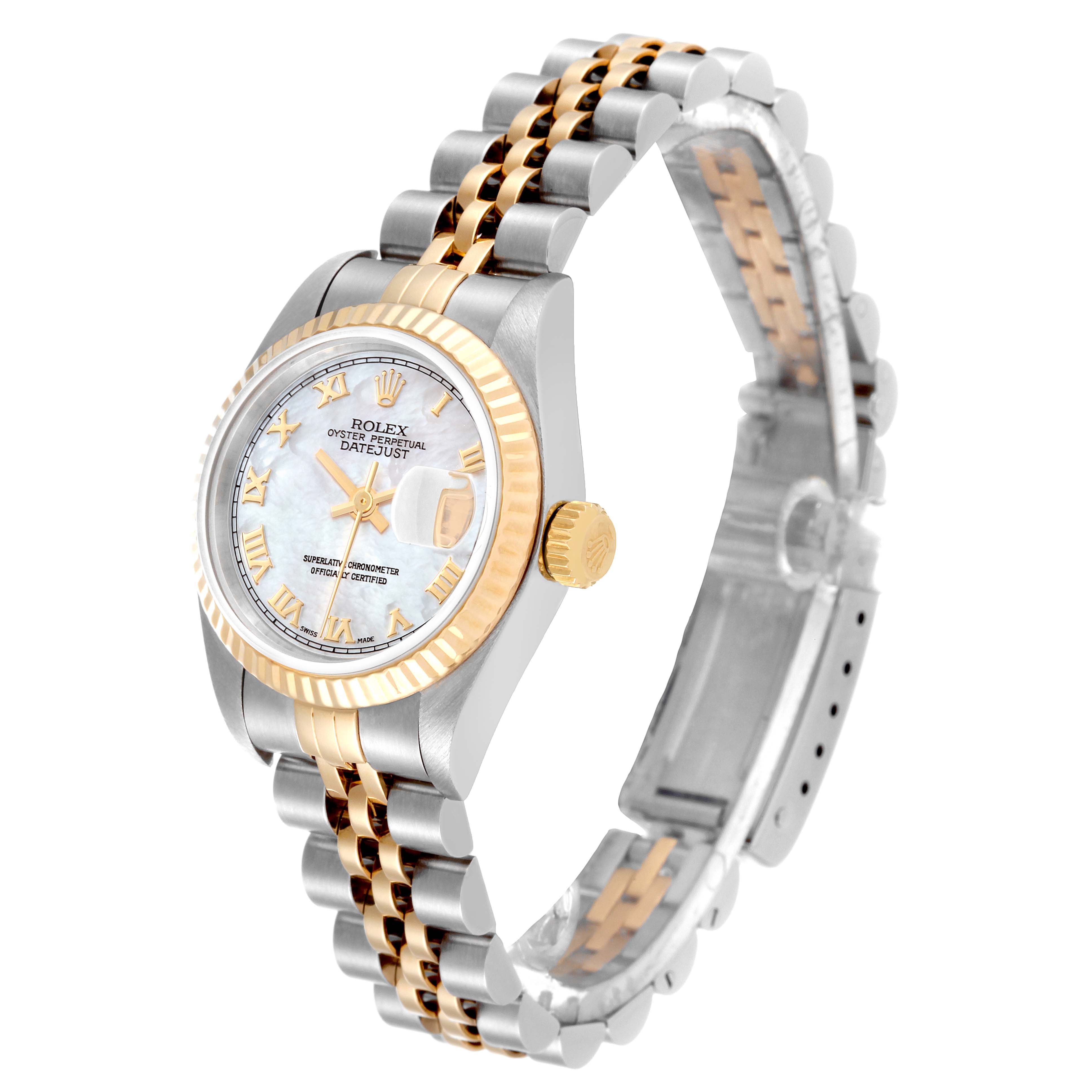 This Rolex Datejust 69173 Women's Steel and Gold (two tone) Mother of Pearl Dial 69173 Women's Steel and Gold (two tone) Mother of Pearl Dial watch is shown at a three-quarter angle, displaying its face, bezel, crown, and bracelet.