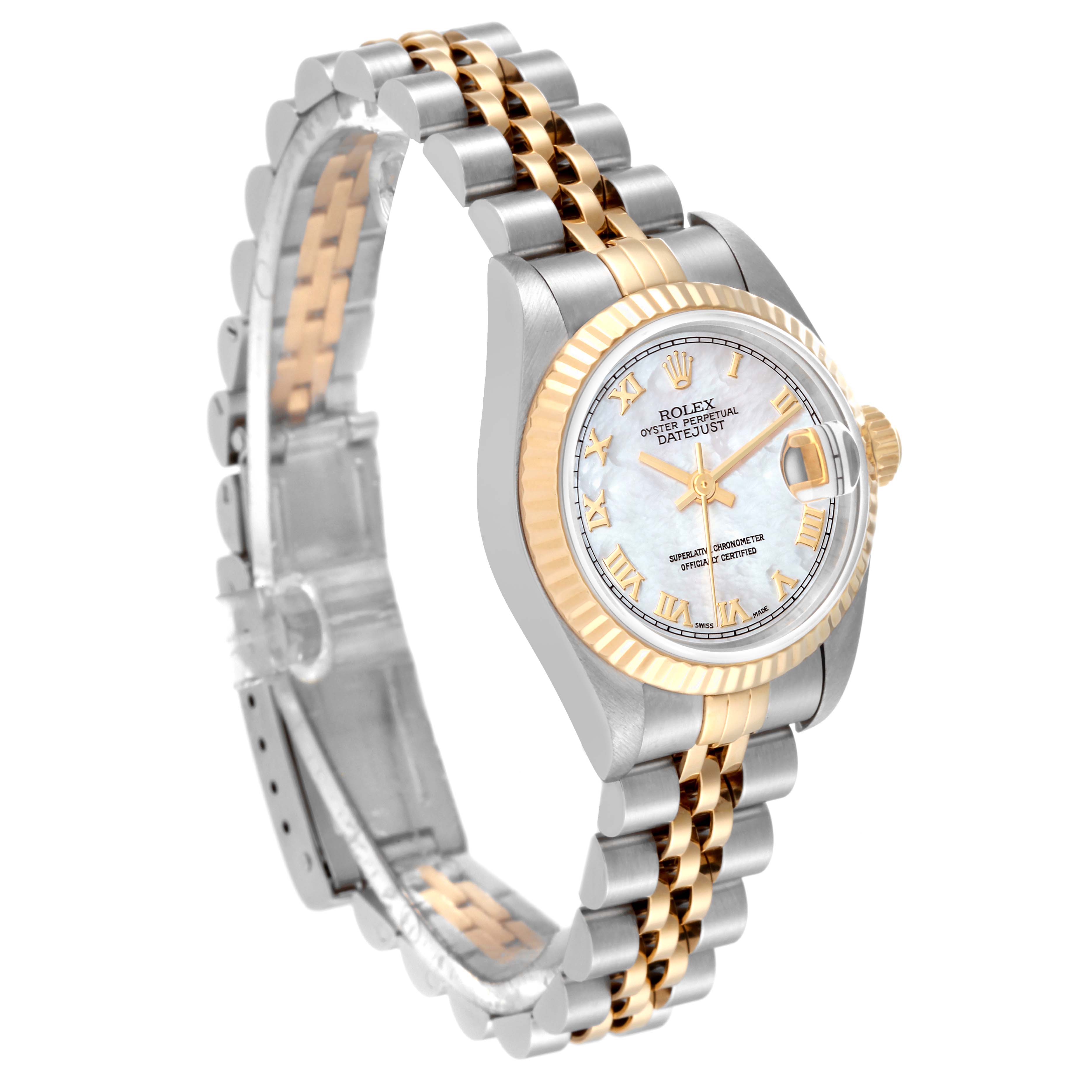 The image shows a side angle of a Rolex Datejust 69173 Women's Steel and Gold (two tone) Mother of Pearl Dial 69173 Women's Steel and Gold (two tone) Mother of Pearl Dial watch, highlighting its two-tone jubilee bracelet, fluted bezel, and mother-of-pearl dial.