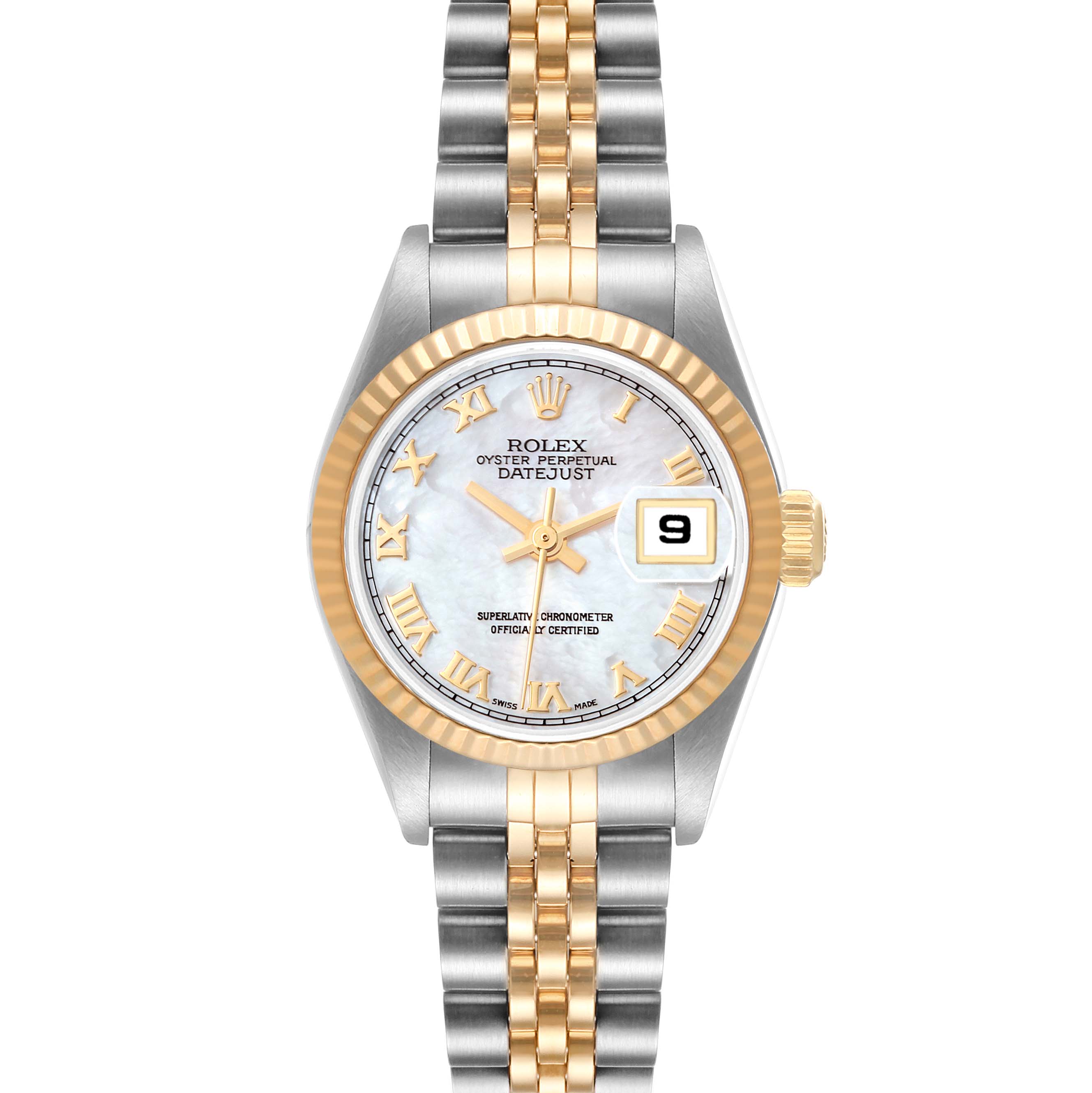 The image shows a front view of a Rolex Datejust 69173 Women's Steel and Gold (two tone) Mother of Pearl Dial 69173 Women's Steel and Gold (two tone) Mother of Pearl Dial watch with a mother-of-pearl dial and a two-tone bracelet.