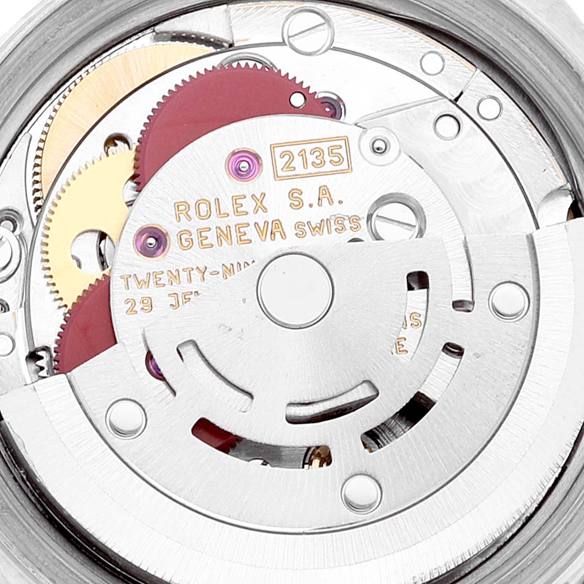 This image shows the internal mechanism of a Rolex Datejust 69173 Women's Steel and Gold (two tone) Mother of Pearl Dial 69173 Women's Steel and Gold (two tone) Mother of Pearl Dial model, specifically its intricate gears and movement parts.