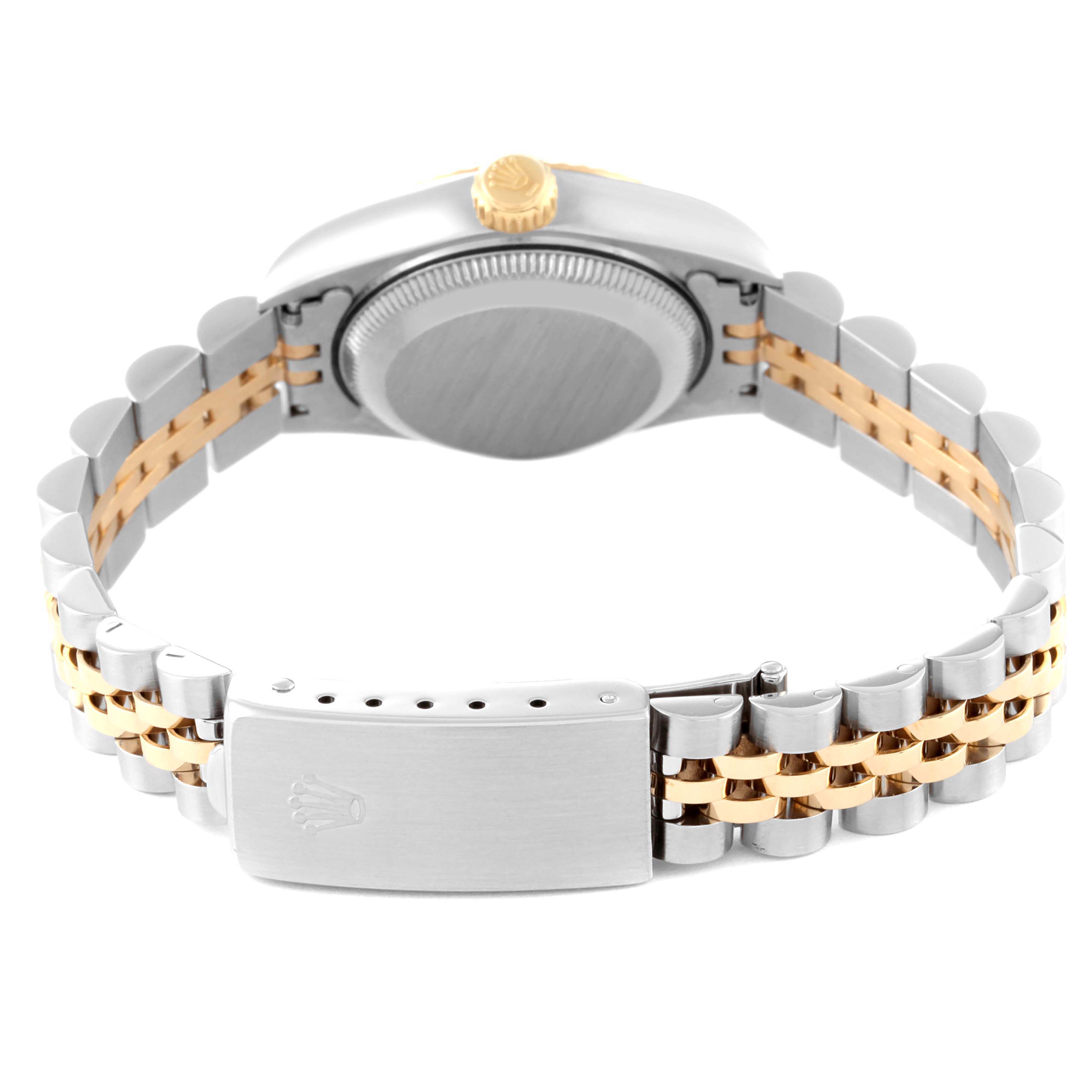 The image shows the back view of a Rolex Datejust 69173 Women's Steel and Gold (two tone) Mother of Pearl Dial 69173 Women's Steel and Gold (two tone) Mother of Pearl Dial watch, highlighting the bracelet and clasp.