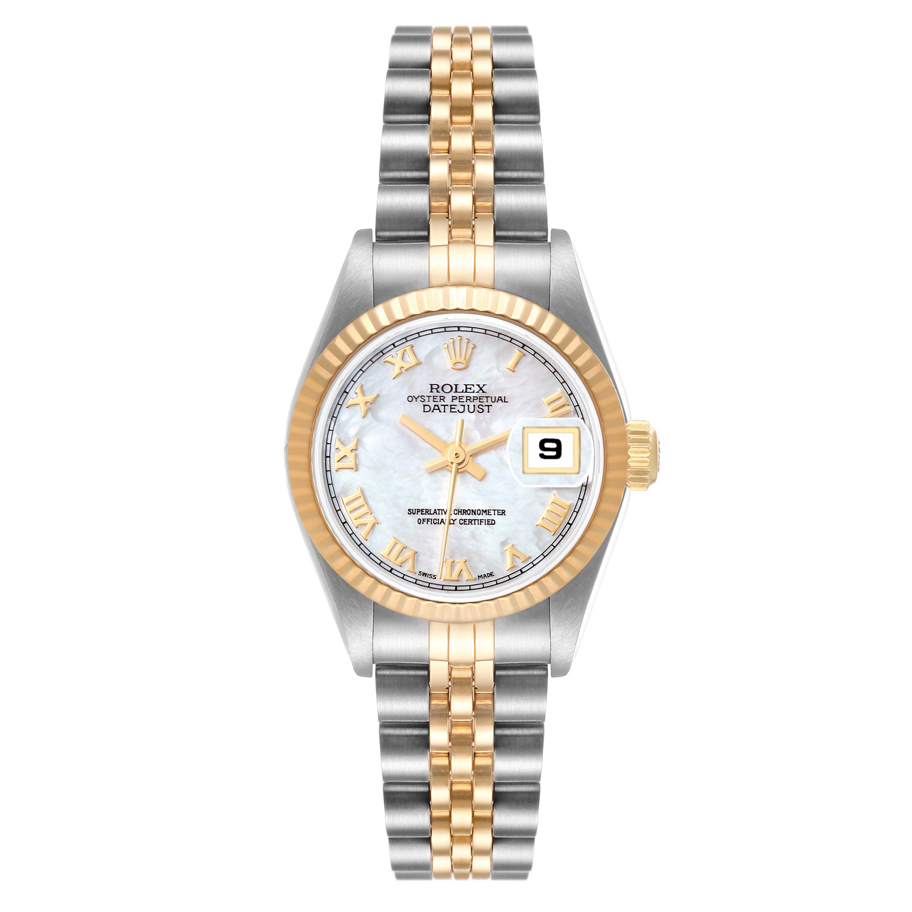 The image shows a frontal view of the Rolex Datejust 69173 Women's Steel and Gold (two tone) Mother of Pearl Dial 69173 Women's Steel and Gold (two tone) Mother of Pearl Dial watch, displaying its dial, bezel, and two-tone bracelet.