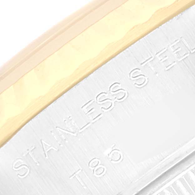 The image shows a close-up of the Rolex Datejust 69173 Women's Steel and Gold (two tone) Mother of Pearl Dial 69173 Women's Steel and Gold (two tone) Mother of Pearl Dial model, highlighting the stainless steel and gold bezel.