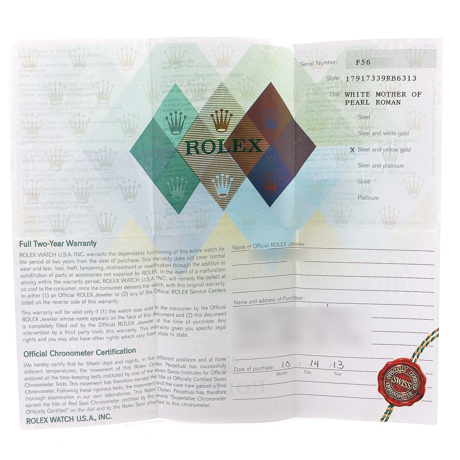 This image shows a Rolex Datejust 179173 Women
s Steel and Gold (two tone) Mother of Pearl Dial 179173 Women
s Steel and Gold (two tone) Mother of Pearl Dial model warranty and certification card from a frontal angle.