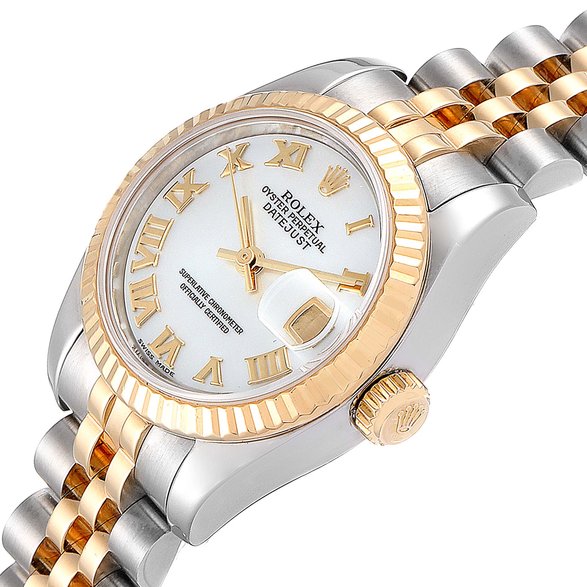 The image shows a Rolex Datejust 179173 Women
s Steel and Gold (two tone) Mother of Pearl Dial 179173 Women
s Steel and Gold (two tone) Mother of Pearl Dial watch at a slight angle, highlighting the face, bezel, crown, and part of the bracelet.