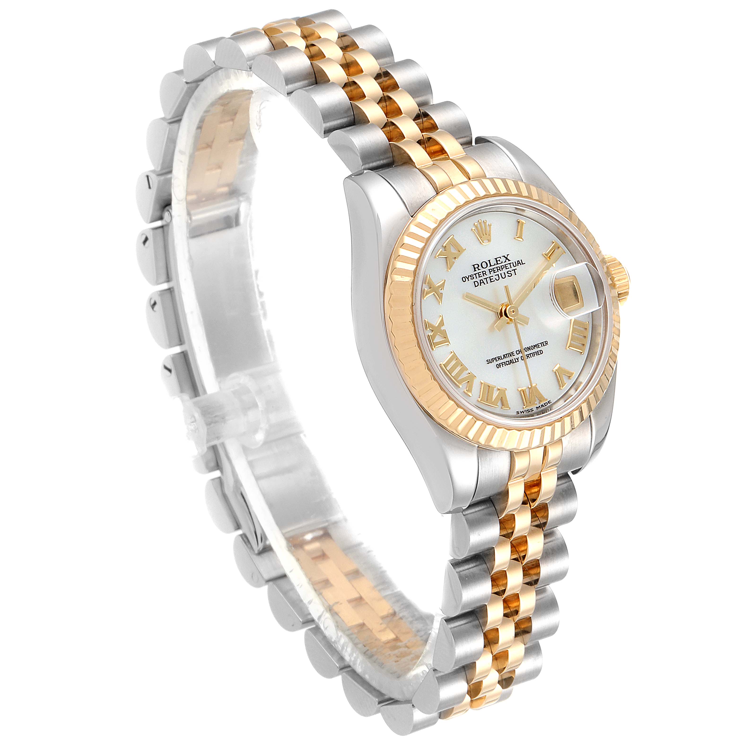 The Rolex Datejust 179173 Women
s Steel and Gold (two tone) Mother of Pearl Dial 179173 Women
s Steel and Gold (two tone) Mother of Pearl Dial watch is shown at an angled view, displaying the face, bezel, and two-tone bracelet.