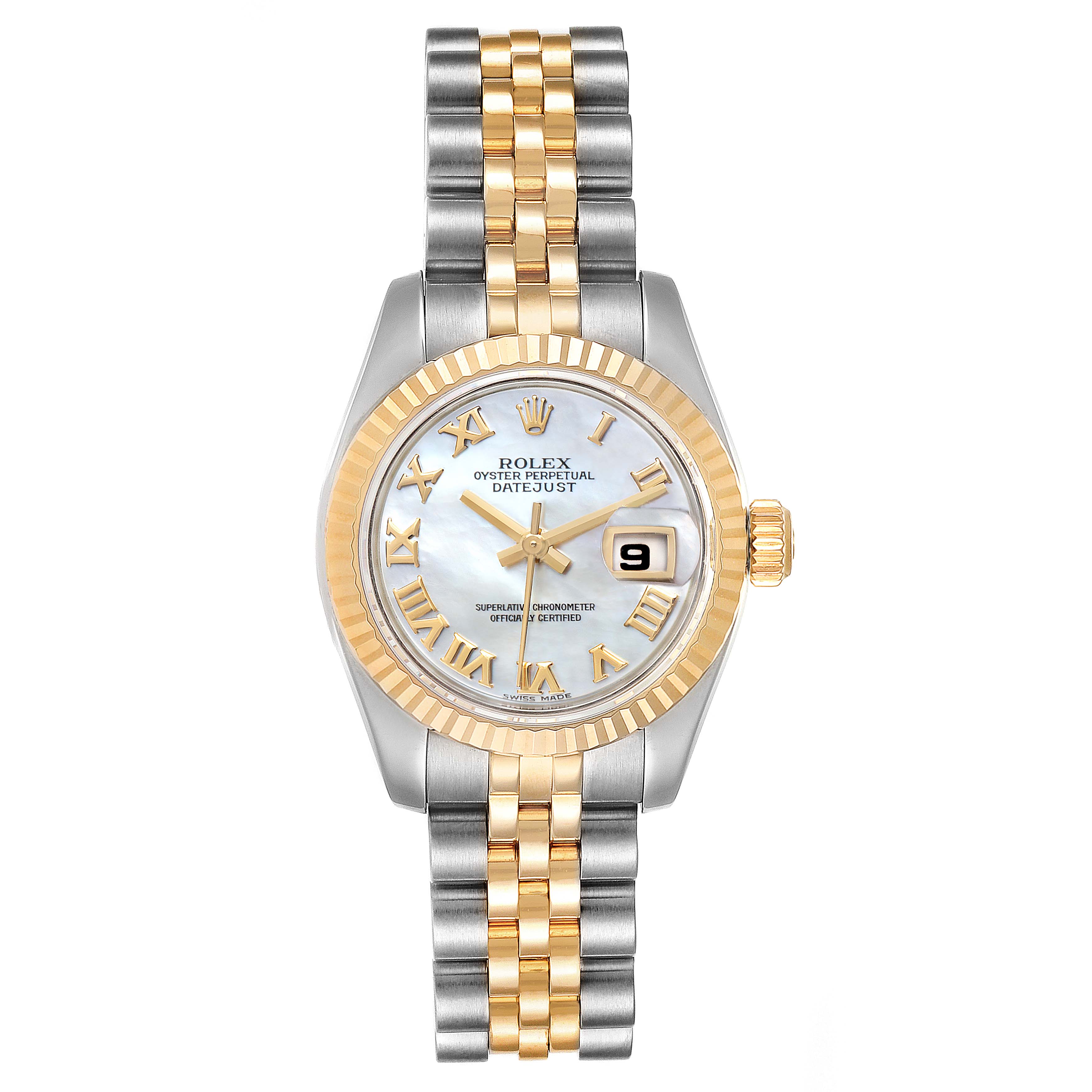 This Rolex Datejust 179173 Women
s Steel and Gold (two tone) Mother of Pearl Dial 179173 Women
s Steel and Gold (two tone) Mother of Pearl Dial watch is shown from the front, featuring a two-tone bracelet, white dial, gold Roman numerals, and a date display.