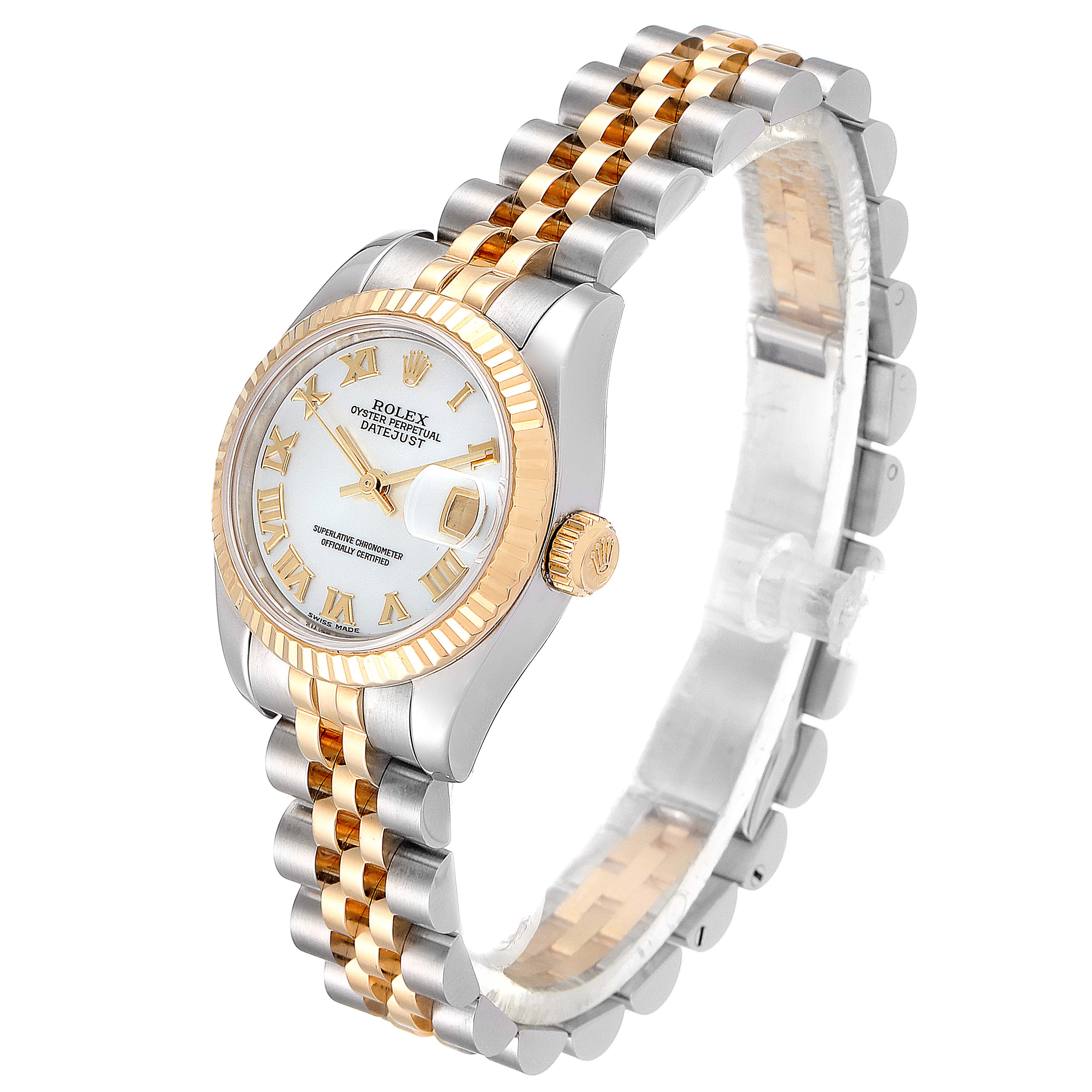 This image shows a Rolex Datejust 179173 Women
s Steel and Gold (two tone) Mother of Pearl Dial 179173 Women
s Steel and Gold (two tone) Mother of Pearl Dial watch from a front-right angle displaying its dial, bezel, crown, and jubilee bracelet.
