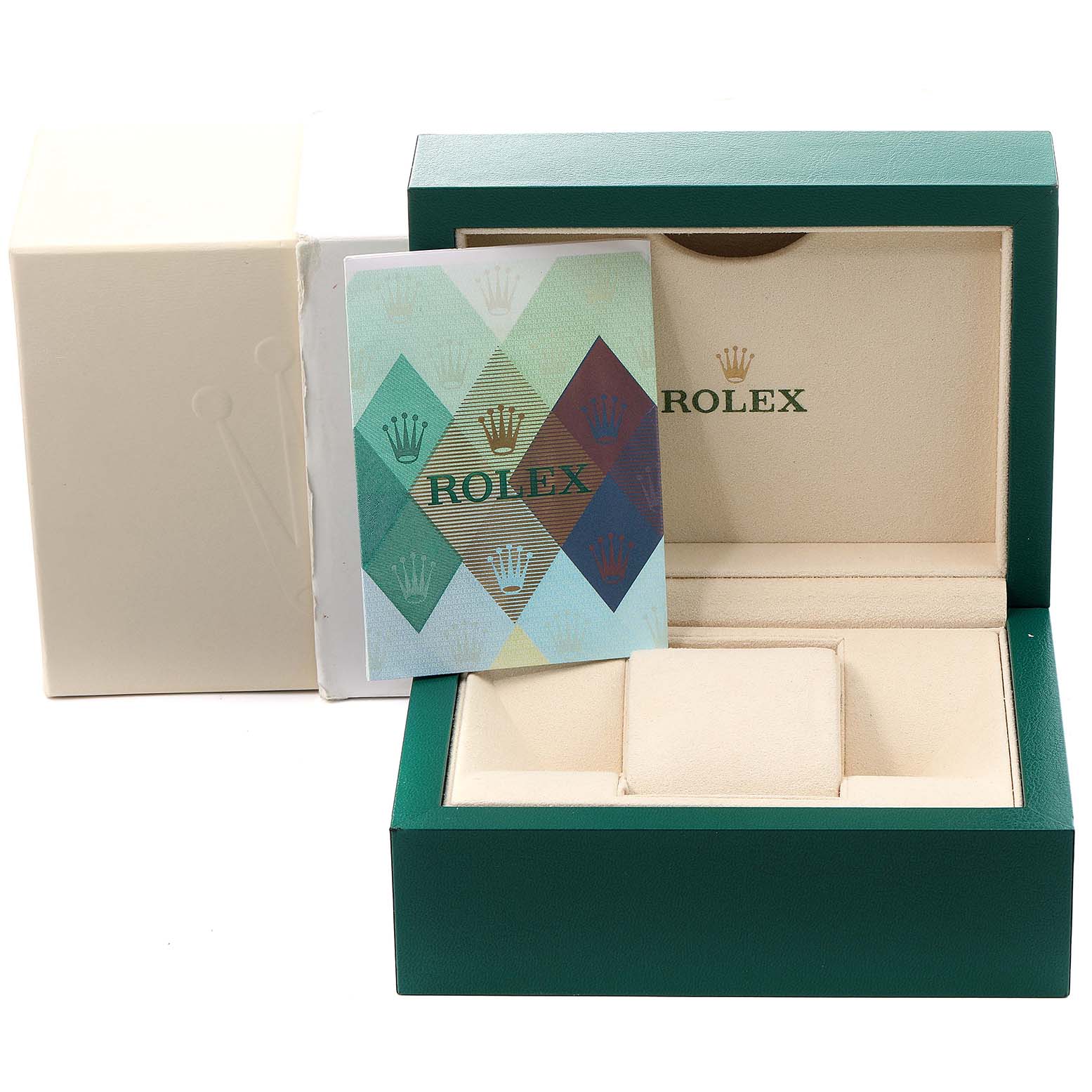 The image shows an open Rolex Datejust 179173 Women
s Steel and Gold (two tone) Mother of Pearl Dial 179173 Women
s Steel and Gold (two tone) Mother of Pearl Dial watch box, a beige inner case, and an Best Quality
ity card from a front angle.