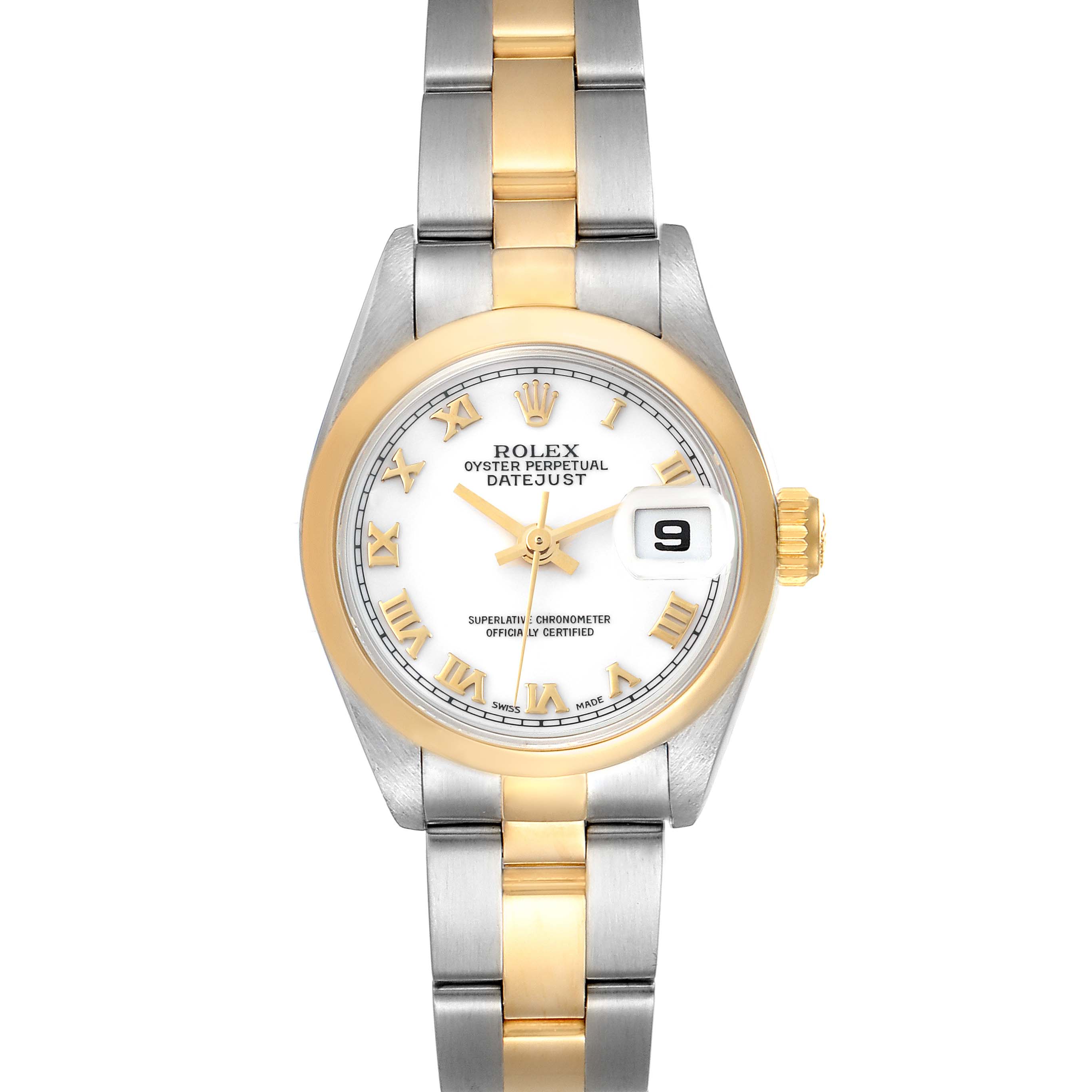 The image shows a front view of a Rolex Datejust 69163 Women's Steel and Gold (two tone) White Dial 69163 Women's Steel and Gold (two tone) White Dial watch with a two-tone bracelet and a white dial.